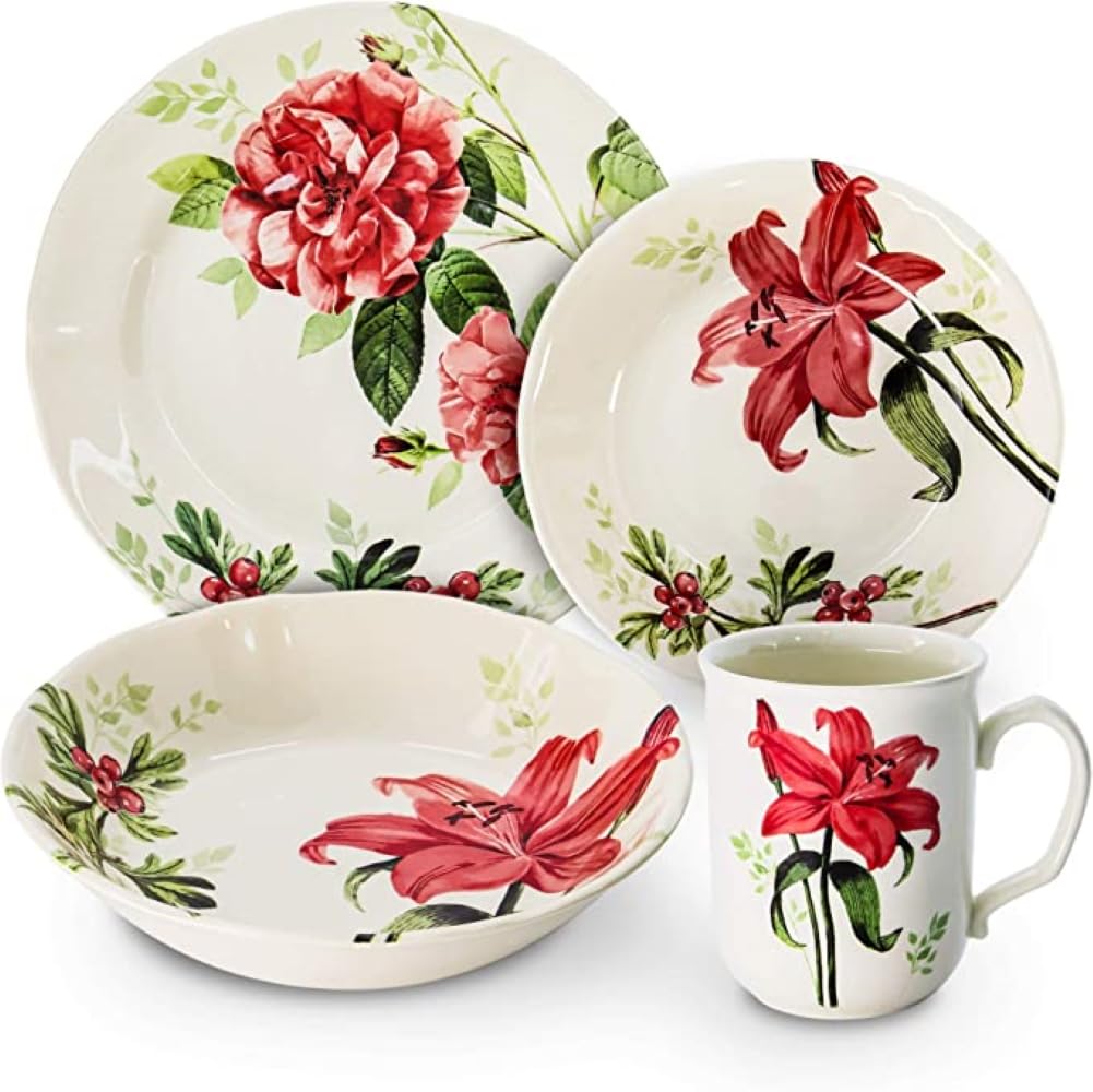 Tudor Royal 16-Piece Round Porcelain Dinnerware Set - Service for 4 - Elegant Rosemary & Summer Flowers Design - Premium Glossy Plates, Bowls & Dishes - High Quality Unique Pattern Dinnerware - Perfect for Family Dining, Dinner Parties & Special Occasions