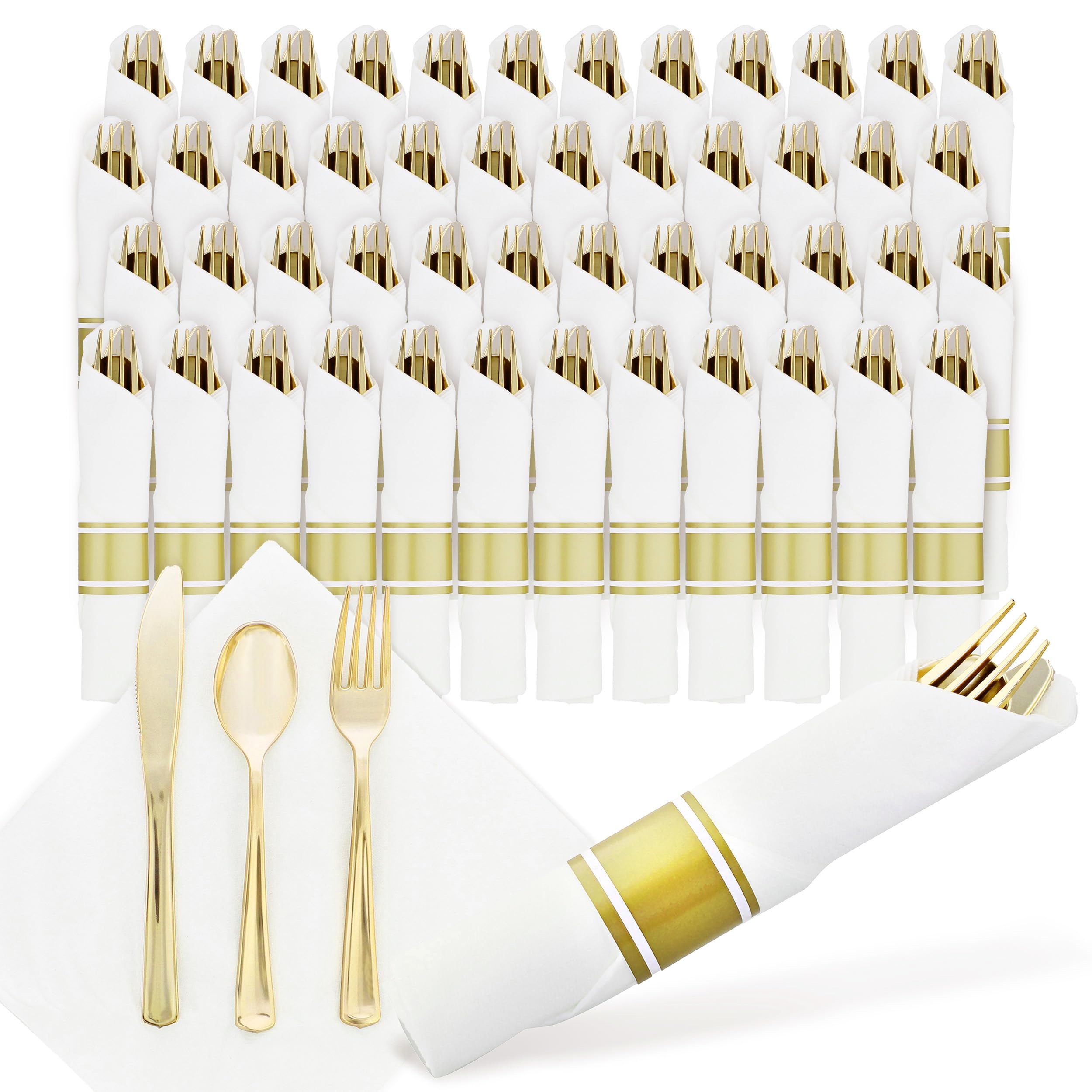Premium Gold & Silver Disposable Cutlery Set - 100-Piece Elegant Plastic Utensils with Napkins for Weddings, Parties & Special Events | Individually Wrapped & Pre-Rolled for Convenience | Perfect for Catering, Banquets & Formal Dining Occasions