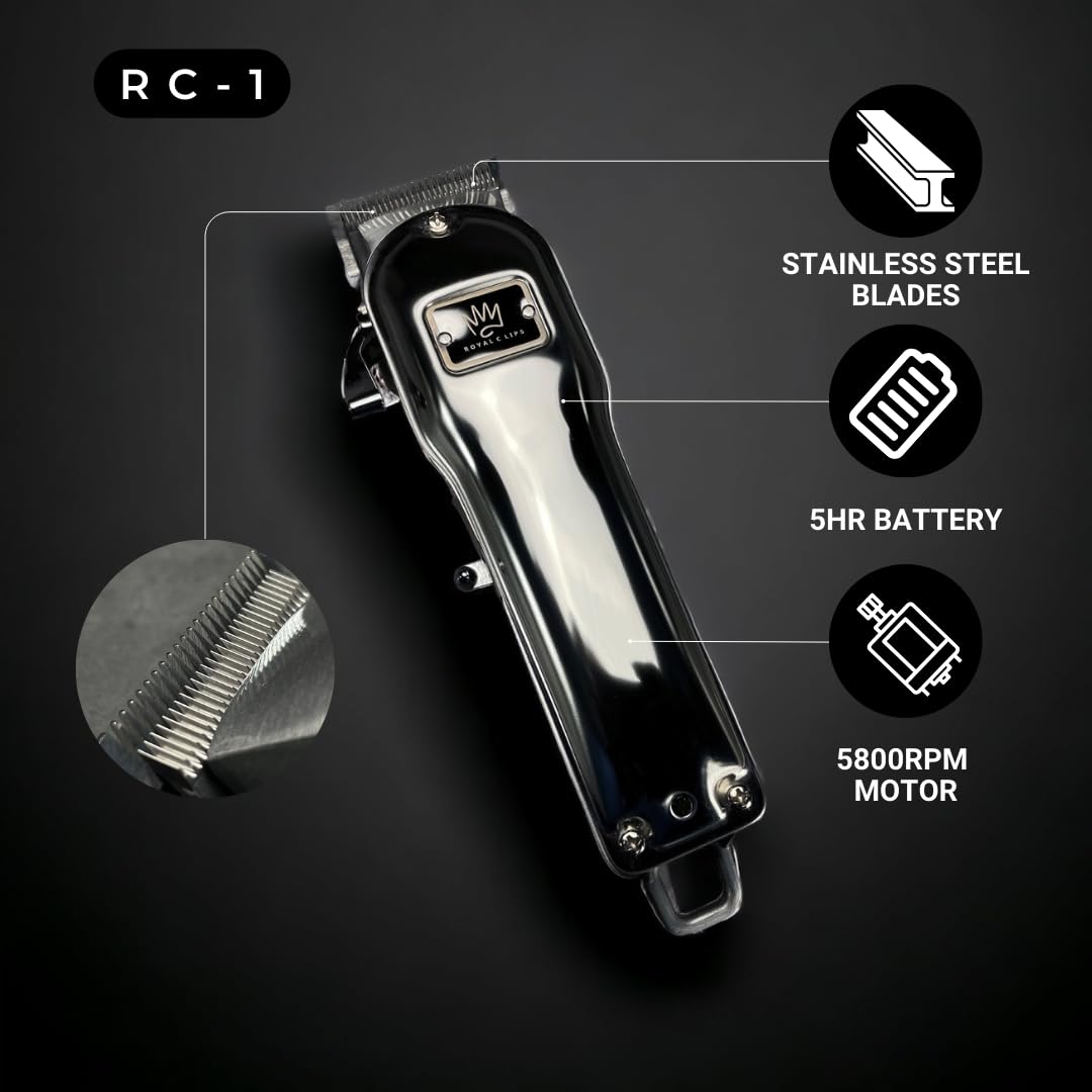 Royal Clips Hair and Beard Fade Kit 2.0 – Professional Men's Hair Clipper, Trimmer & Foil Shaver Set with 10 Guide Combs & 5-Hour Battery – Barber & Home Grooming Kit for Fades, Buzz Cuts & Styling – Silver