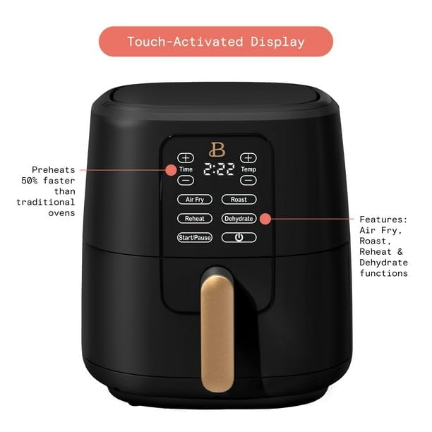 Drew Barrymore 6 Qt Air Fryer with TurboCrisp Technology - Touch-Activated Digital Display, Adjustable Temperature (175°F-400°F), Black - Perfect for Healthy Frying, Baking, Roasting & Reheating in Your Kitchen