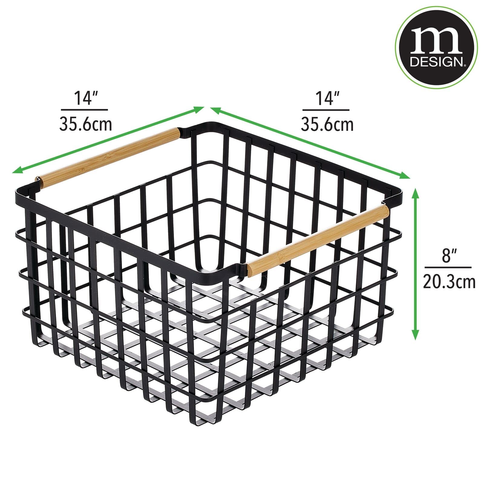 Metal Wire Storage Basket with Bamboo Handles - Square Organizer for Closet, Shelves, Linens, Blankets & Accessories | Yami Collection in Matte Black/Natural | Perfect for Bedroom, Bathroom & Entryway Organization