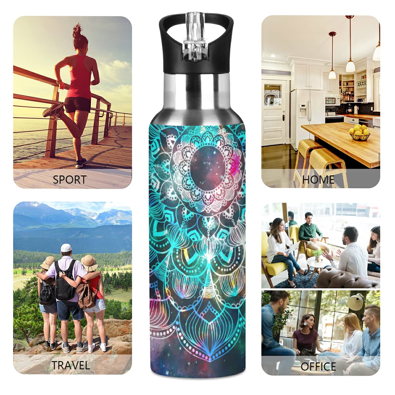 AUUXVA Mandala Galaxy Nebula Stainless Steel Water Bottle with Straw Lid - 20oz Vacuum Insulated Thermo Flask for Hot & Cold Drinks - Perfect for Gym, School, Hiking & Outdoor Activities - Ethnic Floral Design