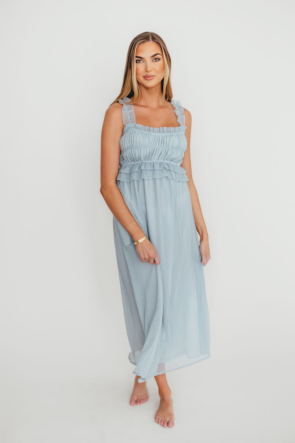 Elegant Blue Demi Ruffle Midi Dress for Women | Flowy Summer Dress for Beach, Wedding & Date Night