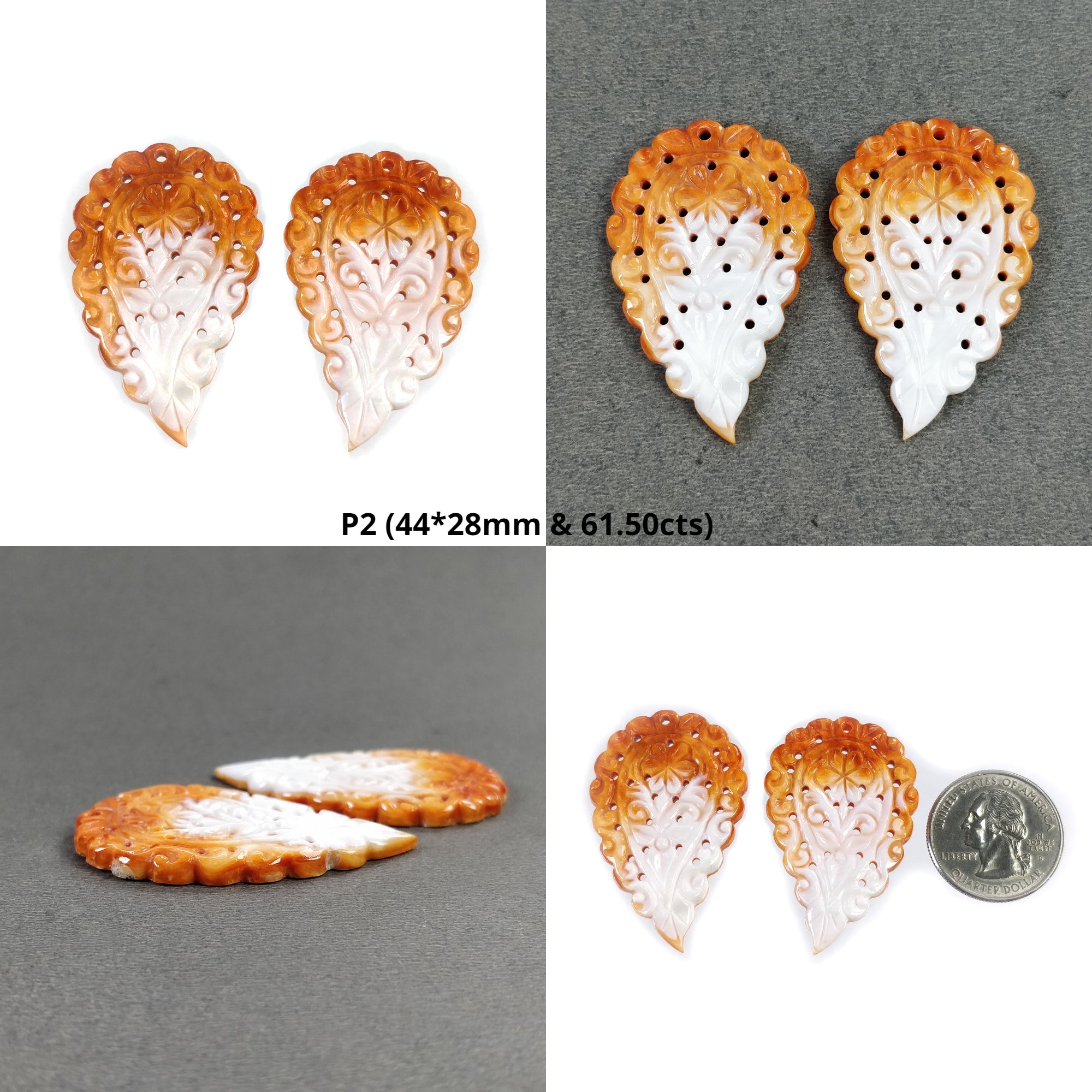 Natural Untreated Orange Mother of Pearl Gemstone Carving - Hand Carved Indian Leaves Pair for Jewelry Making, Home Decor & Spiritual Healing