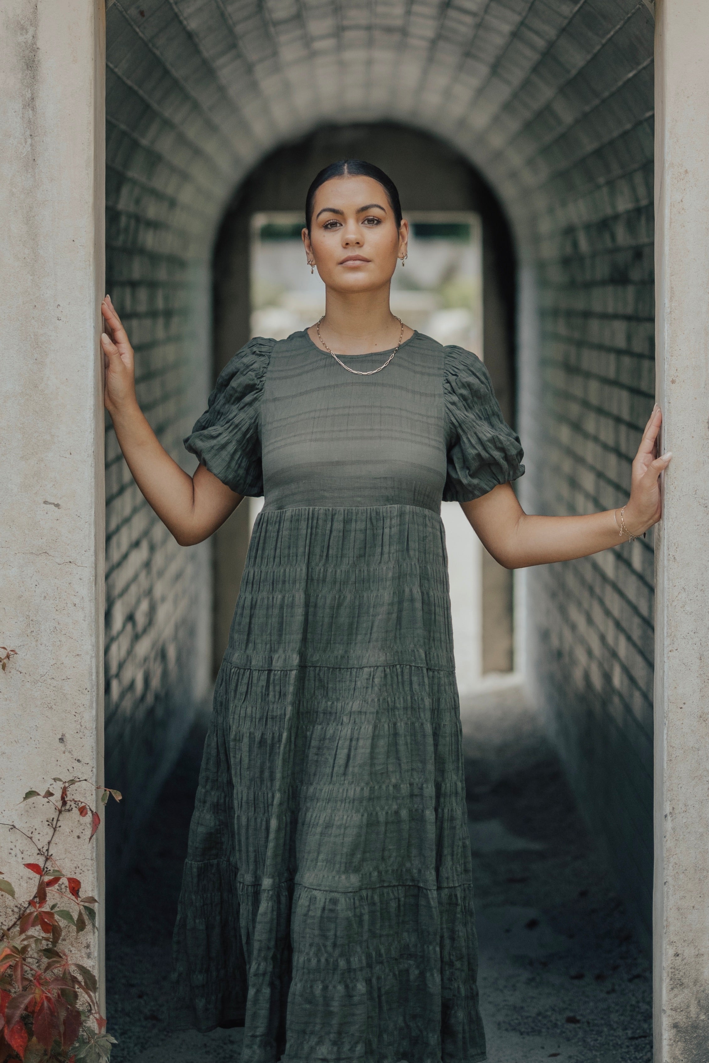 Graceful Khaki Shirred Cotton Bubble Sleeve Tiered Maxi Dress for Women - Summer Beach Wedding Party Vacation Outfit