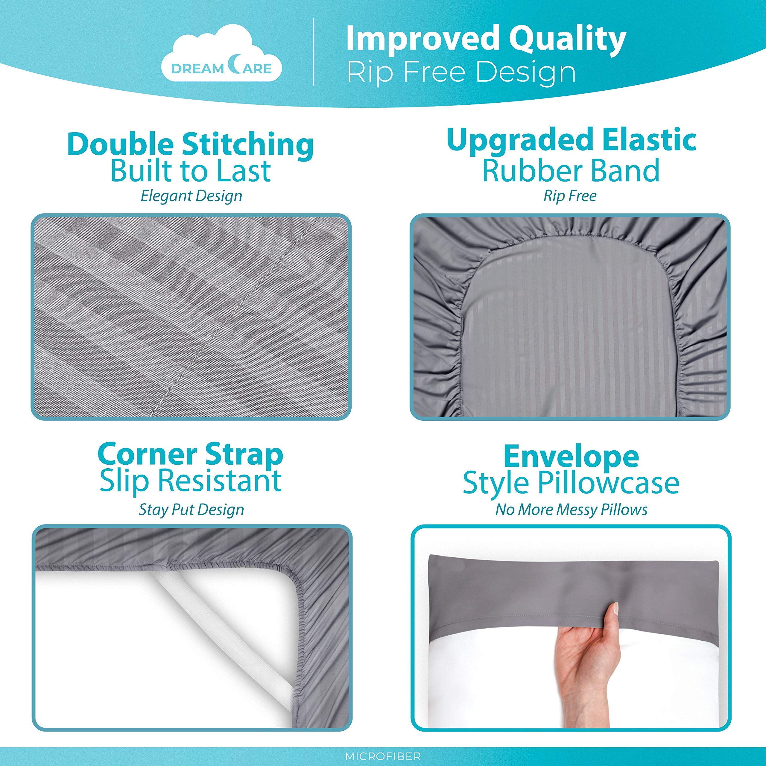Dreamcare 6-Piece Full Size Cooling Bed Sheet Set - Ultra Soft 100% Brushed Microfiber with Side Pocket, Stripe Gray - Perfect for Hot Sleepers & Temperature Regulation in Bedrooms, Dorms, and Guest Rooms