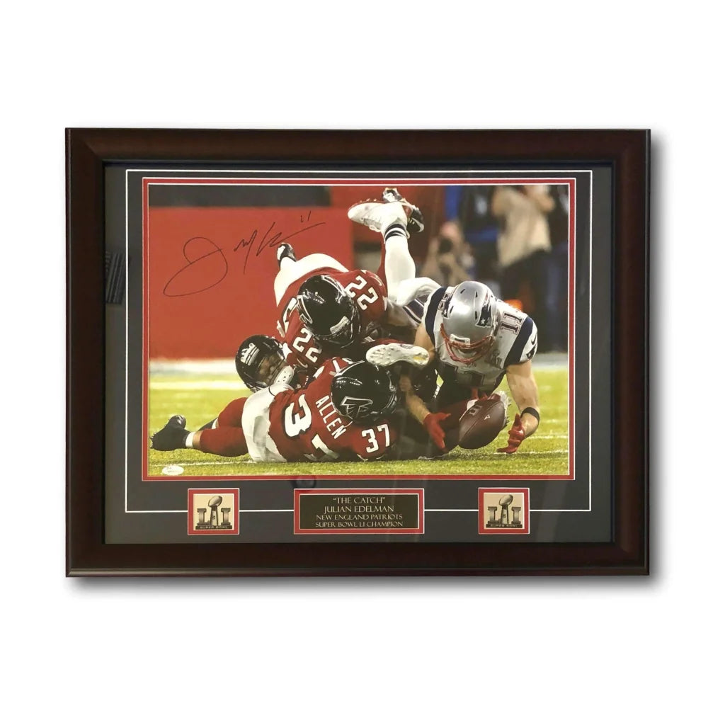 Julian Edelman Autographed 16x20 Super Bowl Photo Framed with Patriots COA & JSA Certificate - Perfect for Patriots Fans, Sports Memorabilia Collectors, and Man Cave Decor