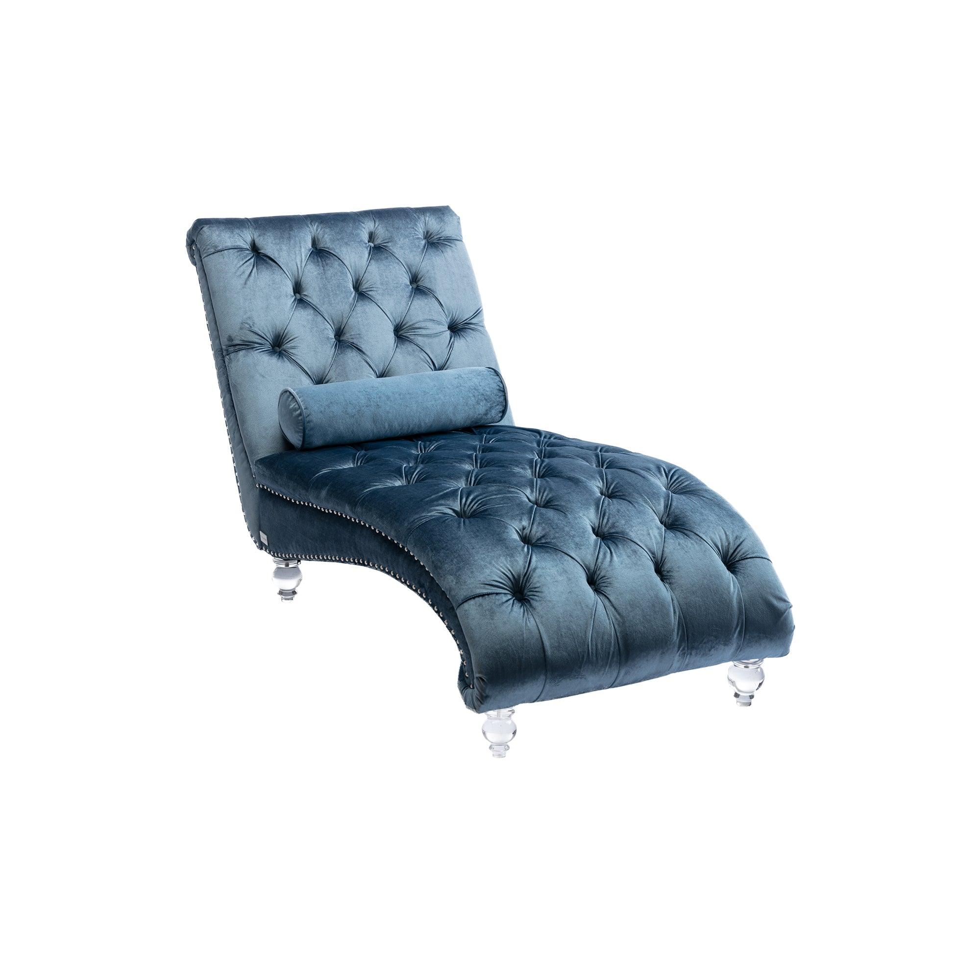 Luxury Velvet Chaise Lounge Chair - Button Tufted Upholstered Sofa with Pillow for Bedroom, Living Room & Office - Light Blue Velvet - Perfect for Relaxing, Reading & Home Decor