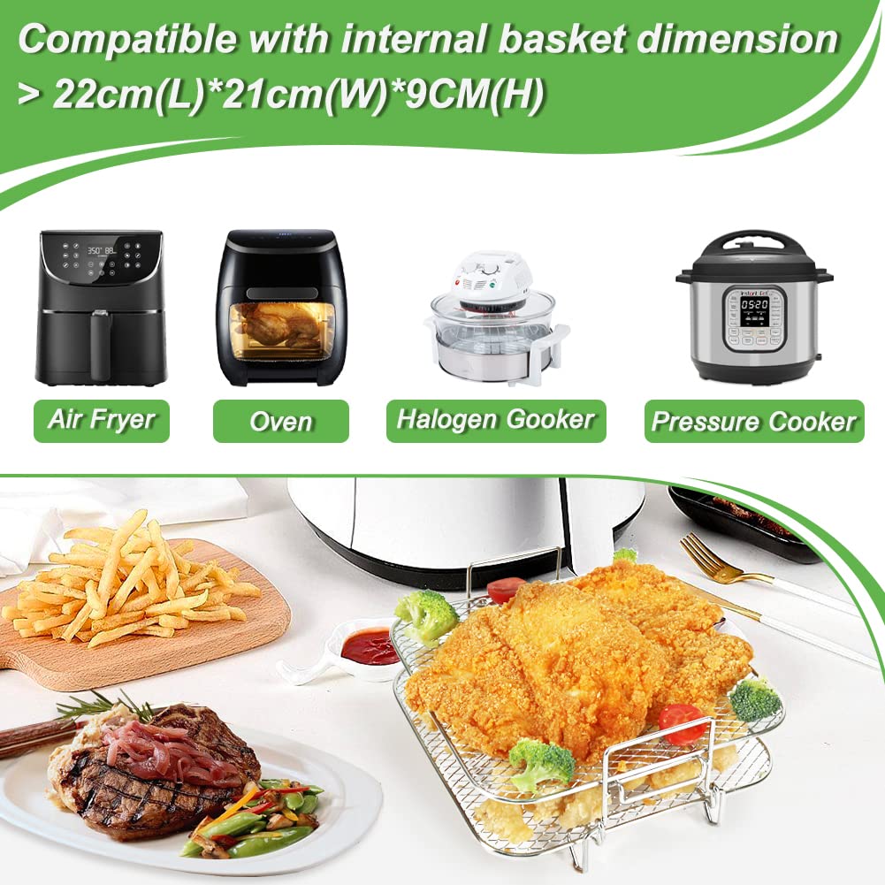 BYKITCHEN 2-Tier Square Air Fryer Rack - Compatible with Cosori XXL 5.5L, Instant Vortex Plus 8.5L, Tefal EasyFry 6.2L/6.5L & Gourmia Air Fryers - Durable Air Fryer Accessories for Cooking, Baking & Roasting - Perfect for Chicken Wings, French Fries & Vegetables