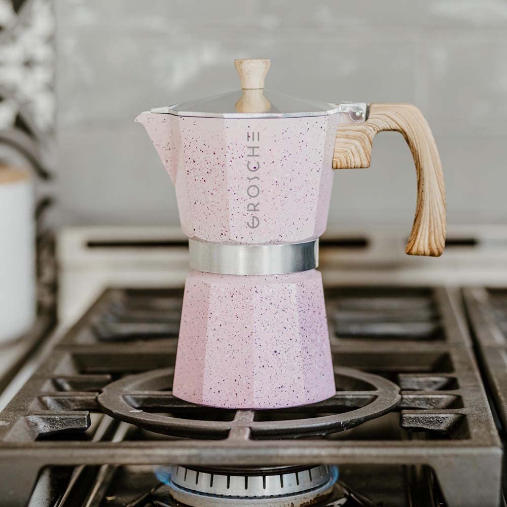 GROSCHE Milano Moka Pot - 9 Cup Stovetop Espresso Maker & Coffee Percolator in Pink | Italian Style Greca Coffee Maker for Home & Office | Perfect for Camping, Gifts & Coffee Lovers