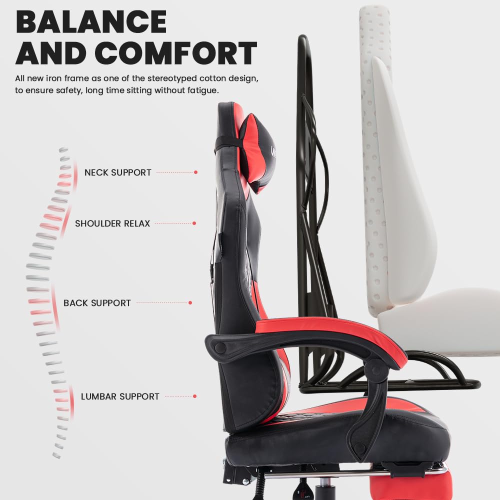 Ergonomic Gaming Chair with Massage & Footrest - Adjustable PC Game Chair with Comfortable Headrest, High Back Support, 300LBS Capacity - Perfect for Esports, Office Work & Home Gaming Setup (Black Red)