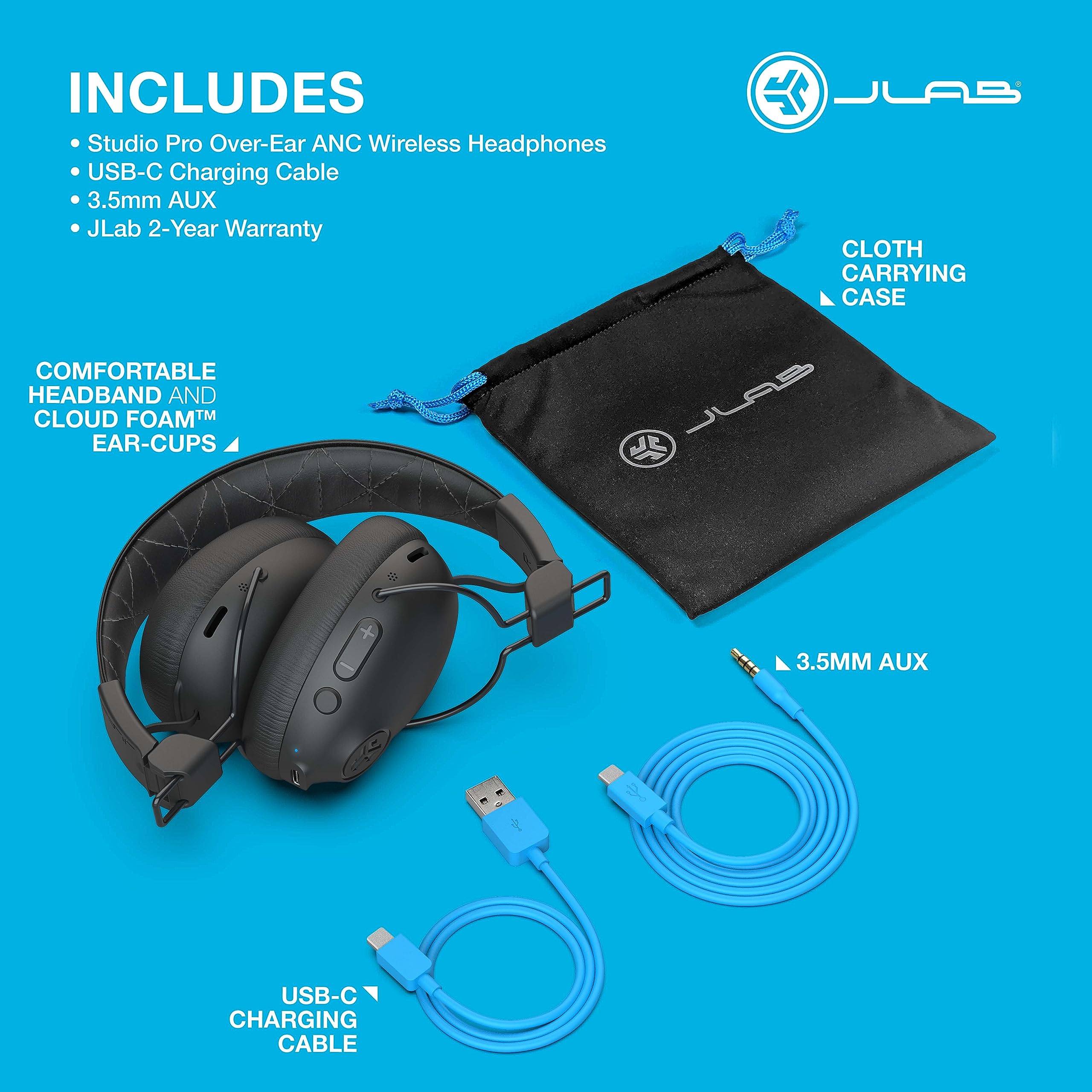 JLab Studio Pro ANC Wireless Bluetooth Over-Ear Headphones - 45+ Hours Playtime, Active Noise Cancelling, EQ3 Sound, Comfortable Memory Foam Ear Cushions - Perfect for Travel, Work & Music Lovers (Black)