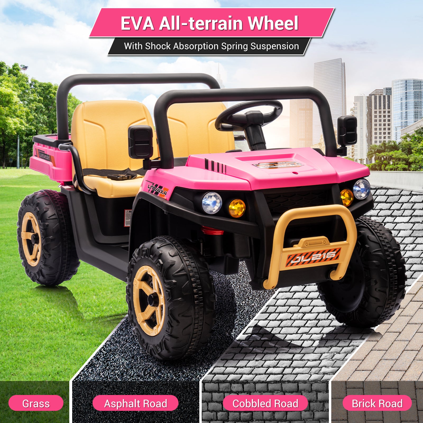 GARVEE 24V Electric Ride On Dump Truck for Kids - 2 Seater Battery Powered UTV Toy with 4x35W Motors, Shovel, Bluetooth, Remote Control, Music & LED Lights - Perfect for Boys & Girls Outdoor Play (Pink)