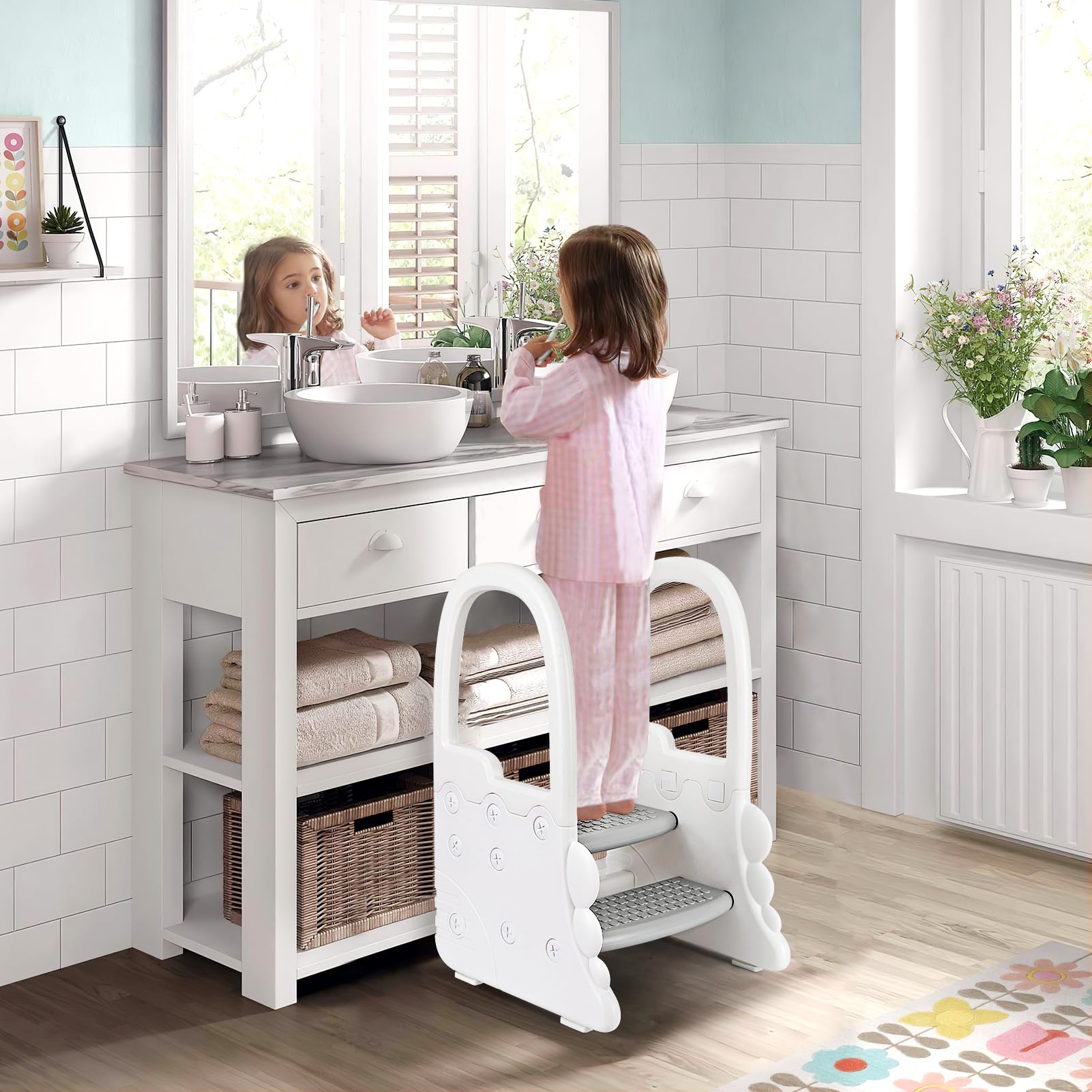 GARVEE 2 Step Stool with Handles for Kids - Anti-Slip Sturdy Toddler Step Stool for Potty Training, Bathroom & Kitchen - Safe Standing Helper for Children (Grey) - Perfect for Toilet Training, Washing Hands & Reaching Countertops