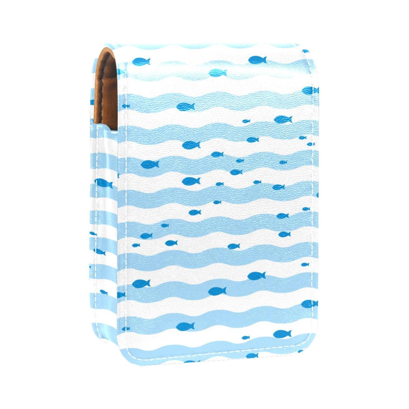 Personalized Lipstick Case - Portable Makeup Bag & Cosmetic Pouch Organizer with Blue White Wave Stripe Fish Design - Perfect for Travel, Gift, and Daily Makeup Storage