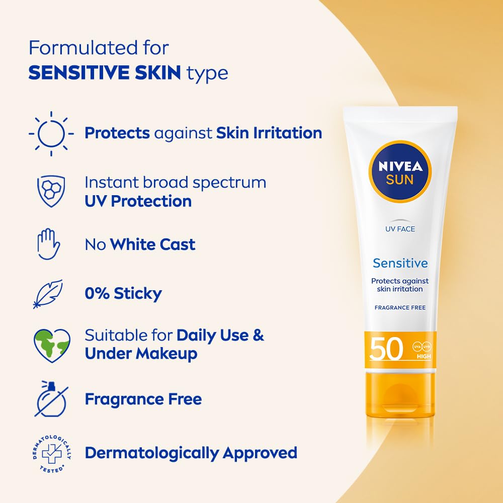 NIVEA Sun UV Face Sensitive SPF 50 Sunscreen Cream (50ml) - UVA/UVB Protection for Sensitive Skin, Anti-Aging & Moisturizing - Ideal for Daily Use, Outdoor Activities & Travel