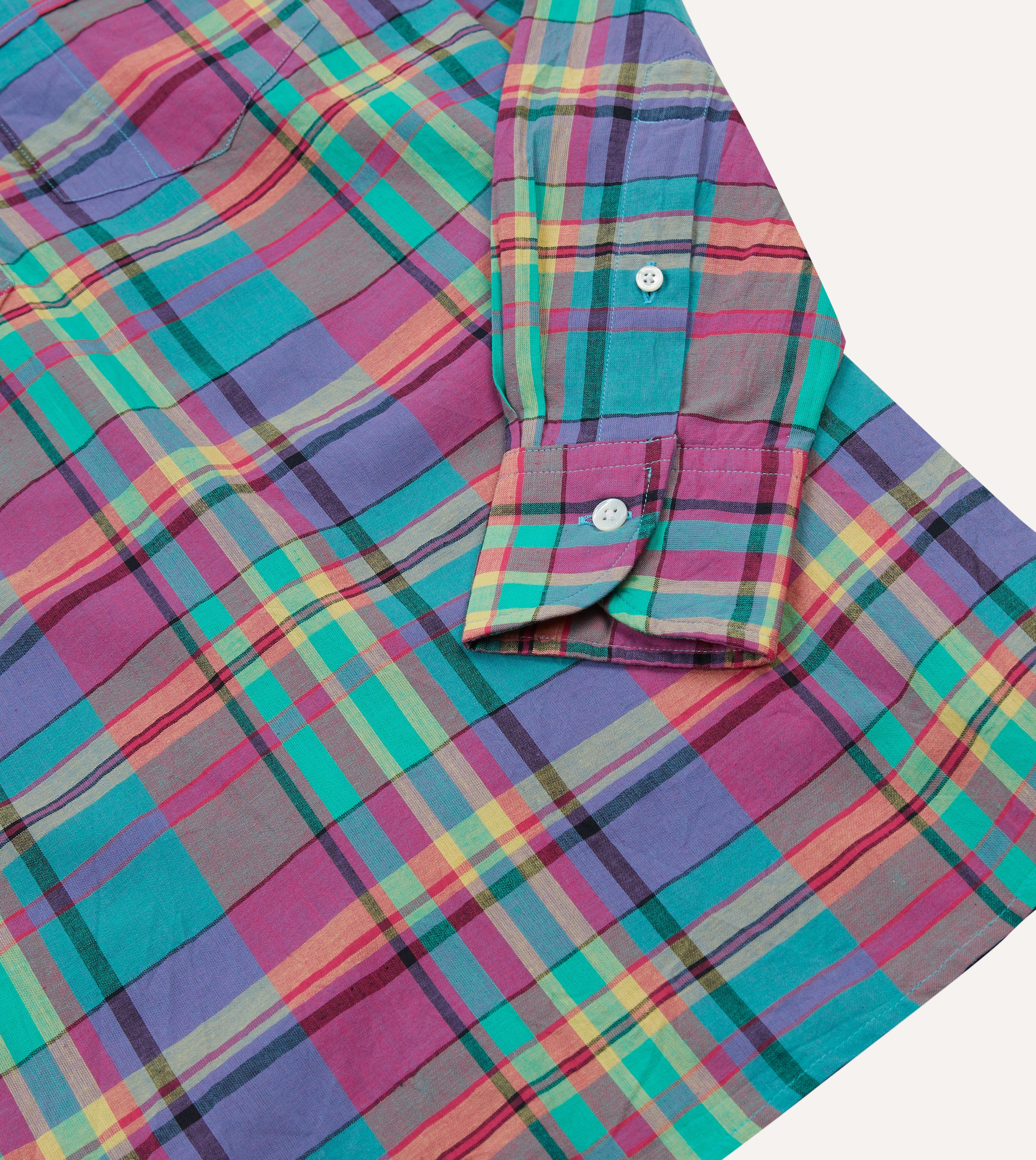 Stylish Pink and Blue Madras Check Cotton Button Down Popover Shirt for Men - Perfect for Casual Outings, Beach Vacations & Summer Fashion