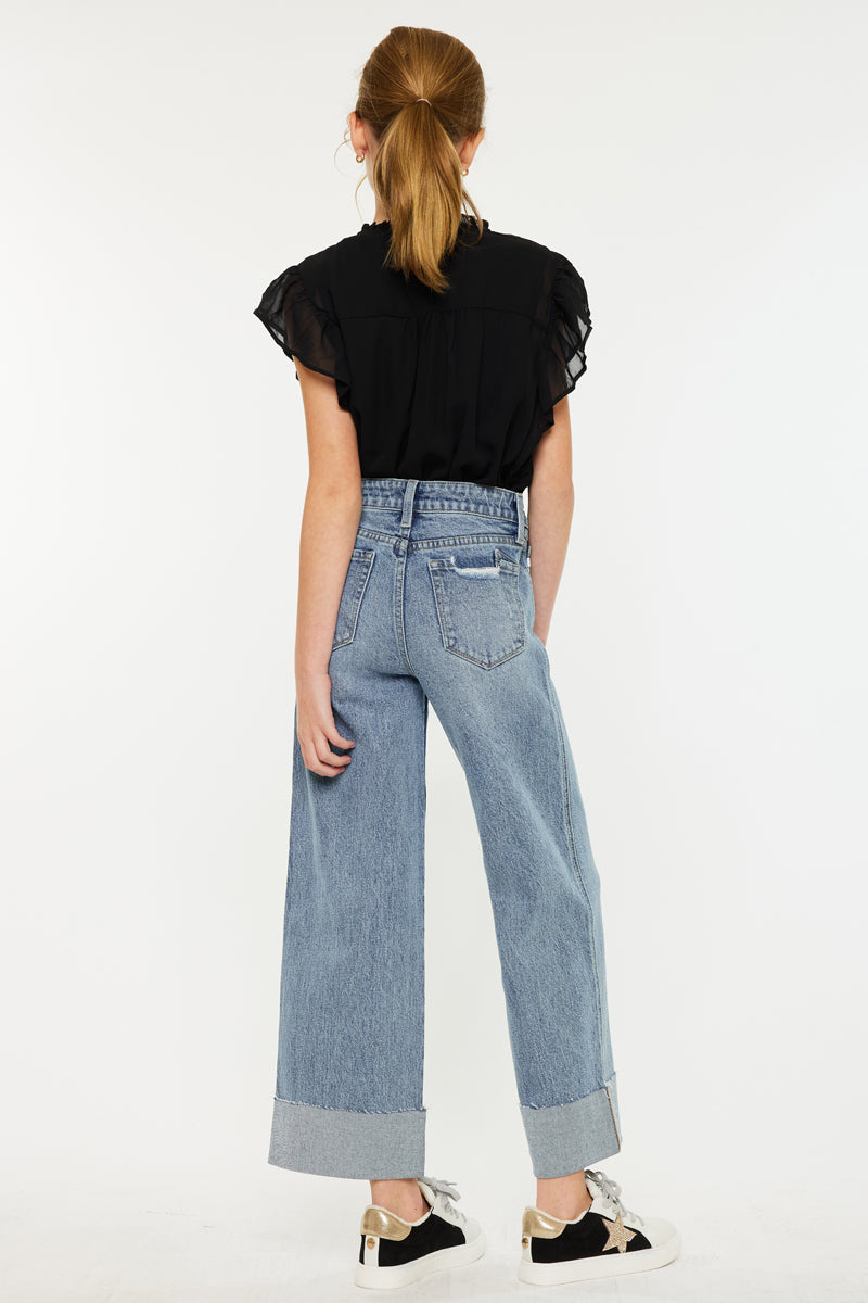 Danielle High Rise Kids Cropped Wide Leg Jeans - Trendy Stretch Denim Pants for Girls | Perfect for School, Playdates & Casual Outings