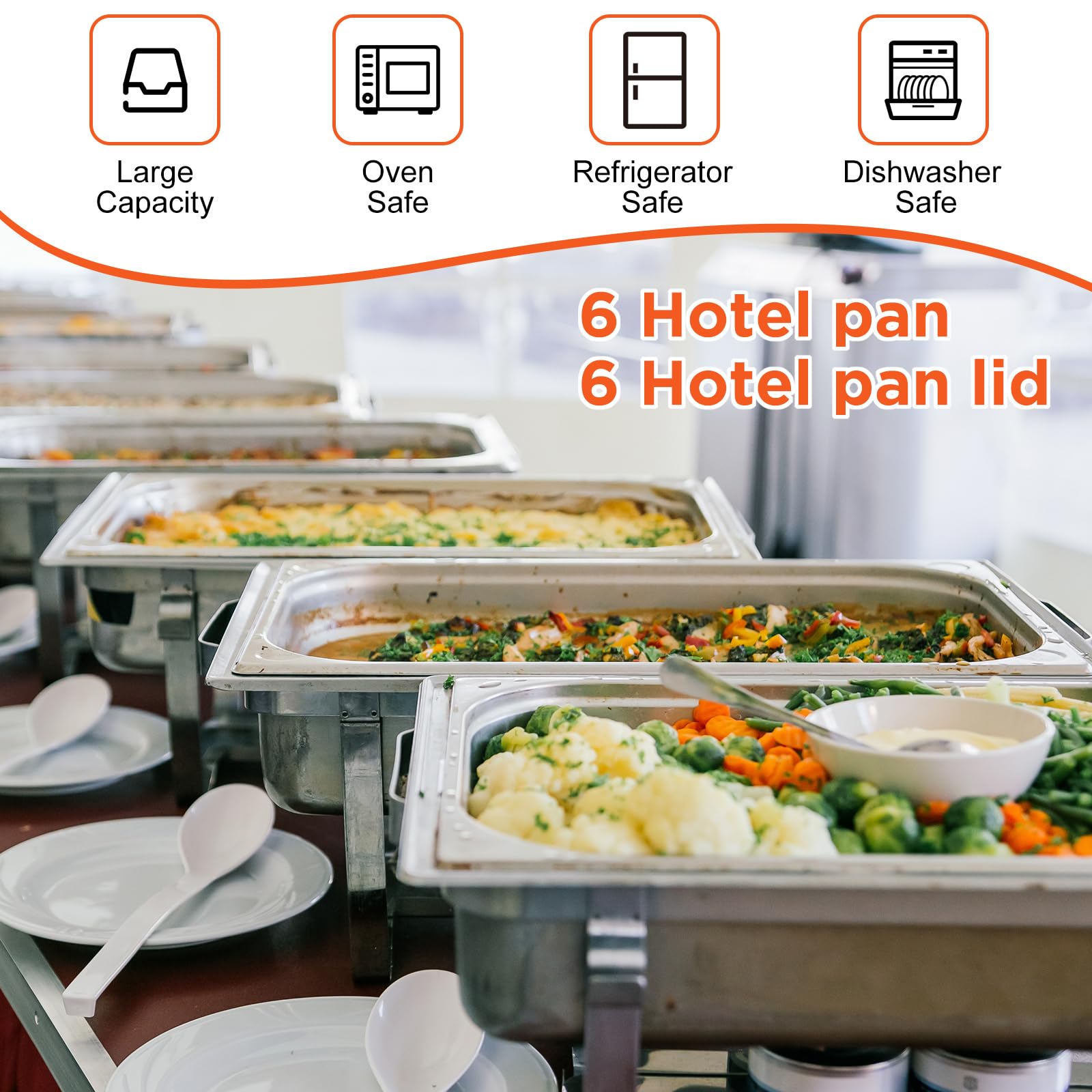 Dandat 6-Pack Stainless Steel Full-Size Steam Table Pans with Lids – Commercial Deep Hotel Pans for Buffet, Catering & Food Service (20.8 x 12.8 x 3.9 Inch) – Ideal for Restaurants, Banquets & Chafing Dish Warmers
