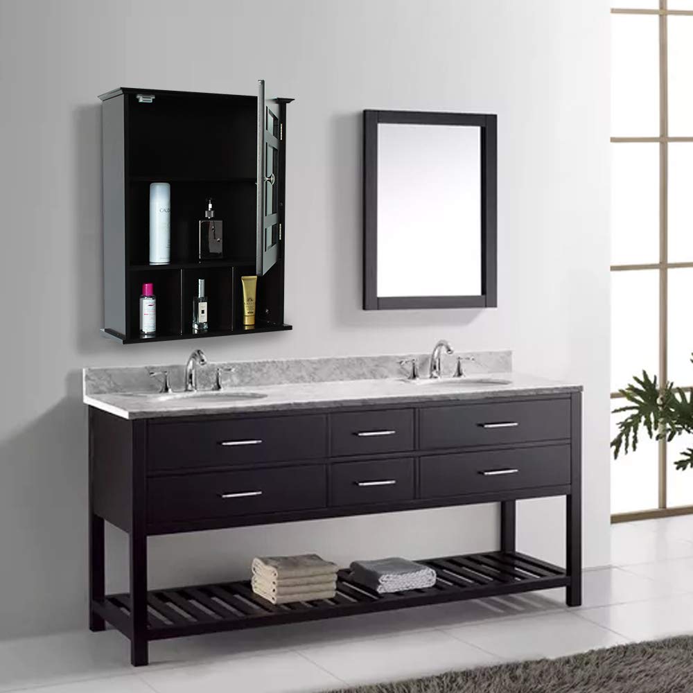 Espresso Wooden Mirror Cabinet - Wall Mounted Bathroom Storage with Adjustable Shelf & 3 Open Compartments | Perfect Medicine Cabinet for Small Bathrooms & Vanity Organization
