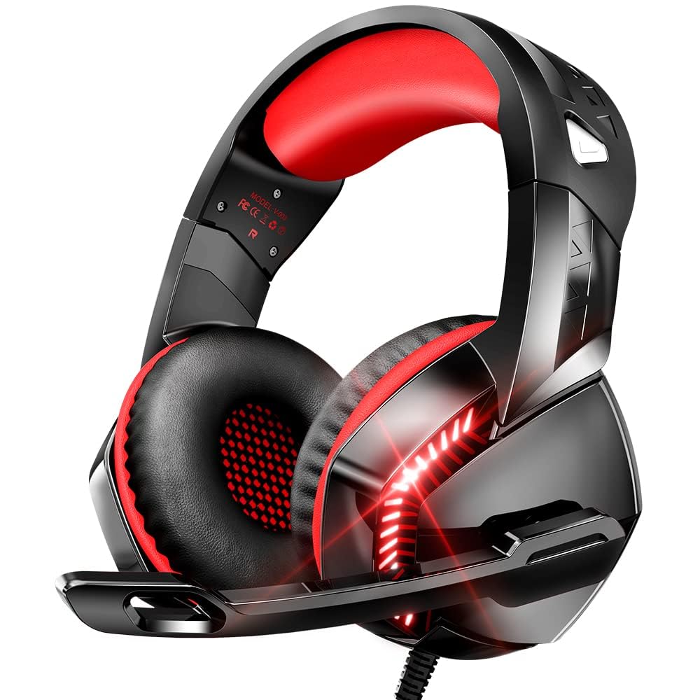 VersionTECH. Pro Gaming Headset with Noise Cancellation for PS5, PS4, Xbox One, PC - Over-Ear Headphones with Mic, LED Lights & Volume Control - Compatible with Xbox Series X/S, PlayStation 5/4/Slim/Pro, Nintendo Switch & Computer (Red) - Perfect for Immersive Gaming, Online Streaming & Voice Chat