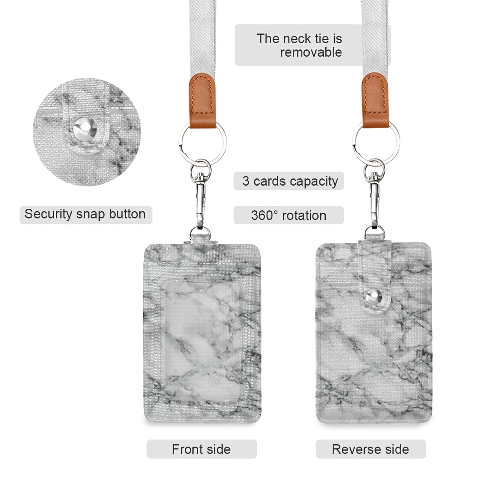 Premium PU Leather ID Badge Holder with Adjustable Neck Lanyard & Key Ring - Black White Marble Pattern for Office, School, Events & Security Access