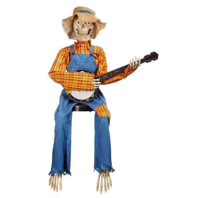 Spooky Halloween Banjo Skeleton Decor - Scary Musical Skeleton Prop for Halloween Party, Haunted House, and Outdoor Yard Decoration