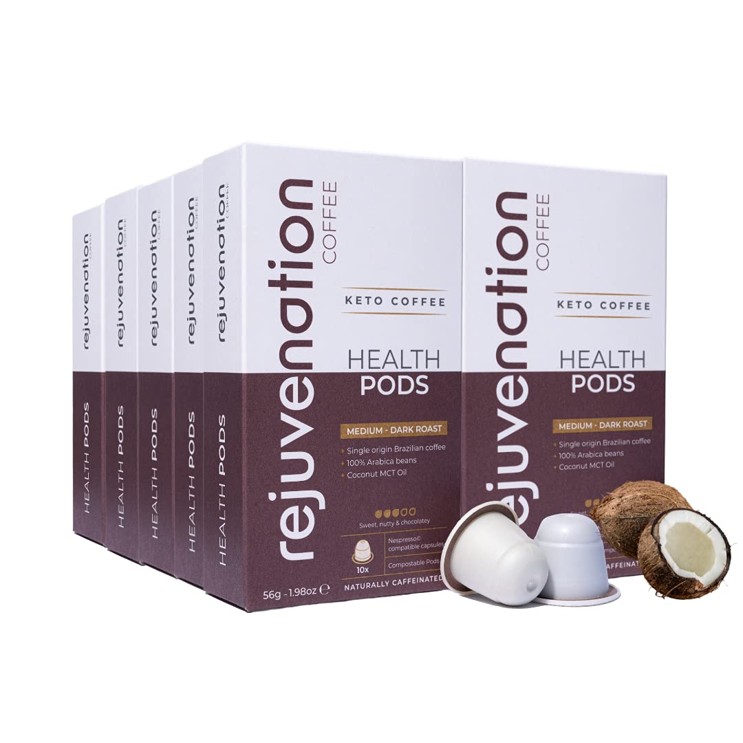 Rejuvenation Keto Coffee Pods – Single Origin Arabica with Coconut MCT Oil, Low Carb, Zero Sugar, Low Calorie, Pre Workout Drink, Ketogenic Friendly, 100 Pods for Home & Office Use