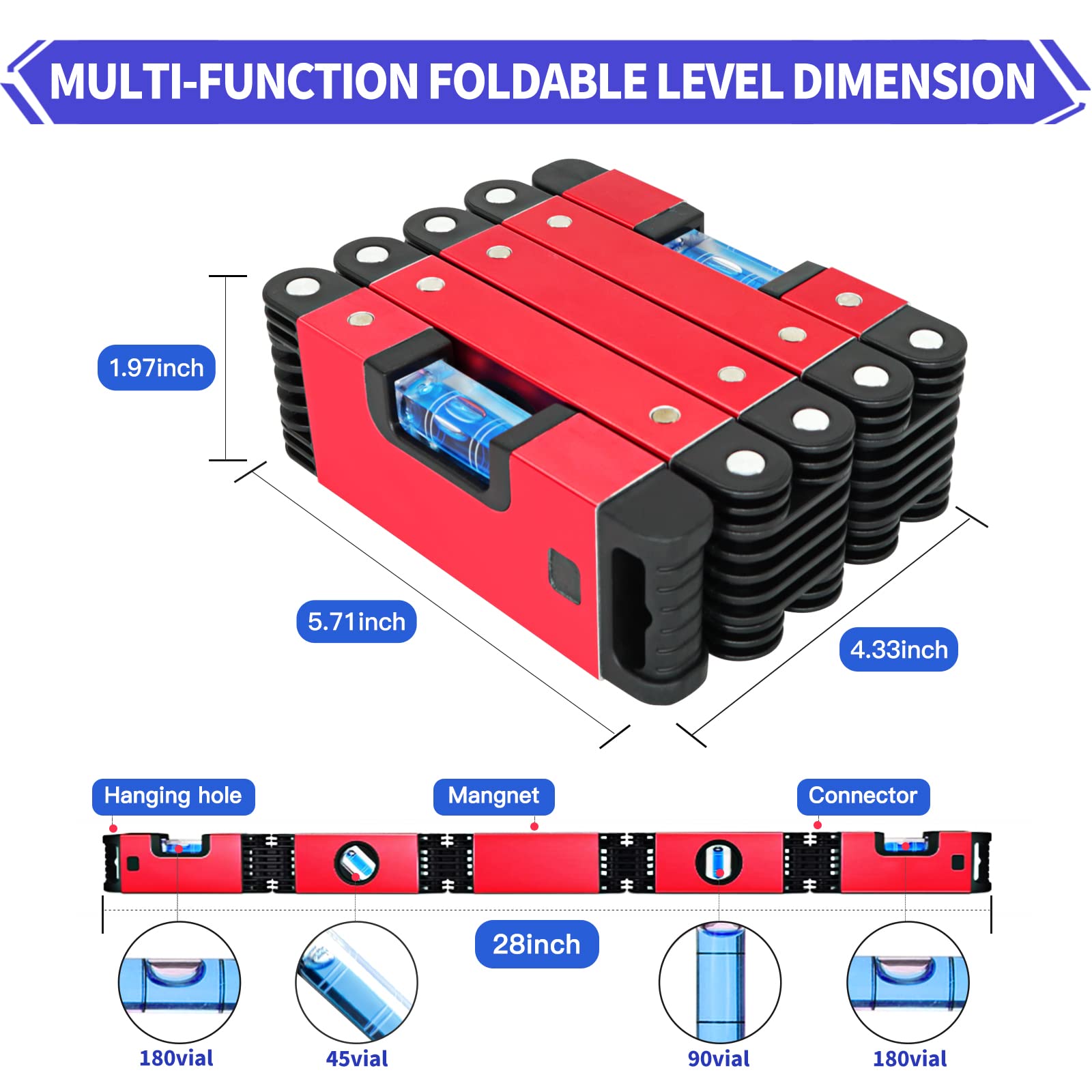 28 Inch Multi-Function Foldable Level - 4 Easy-Read Bubbles for 45/90/180 Degree Angles | Precision Measuring Tool for Carpenters, Woodworkers & Metal Fabricators | Perfect for DIY Projects, Home Renovation & Construction Work