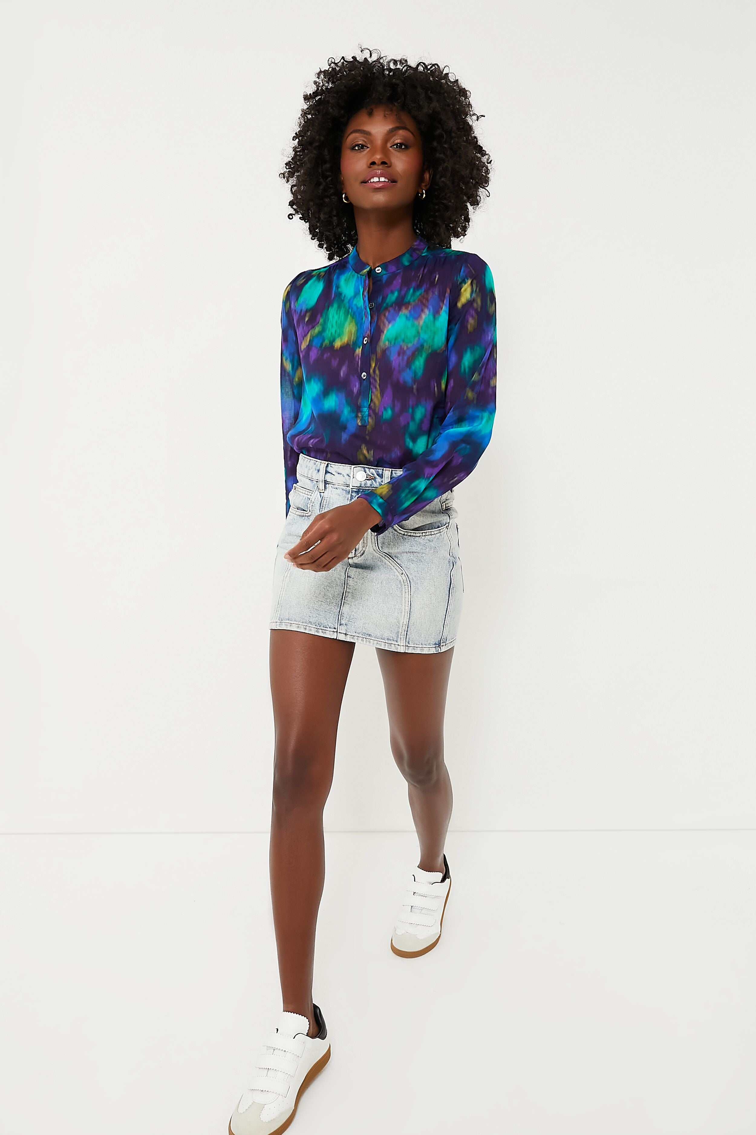 Blue Green Maria Watercolor Blouse - Elegant Flowy Women's Top for Casual Wear, Office & Date Night Outfits