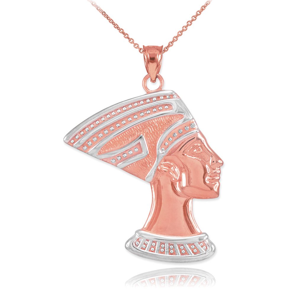 10k Rose & White Gold Egyptian Queen Nefertiti Charm Pendant Necklace - Elegant Jewelry Gift for Women, Perfect for Weddings, Parties & Special Occasions