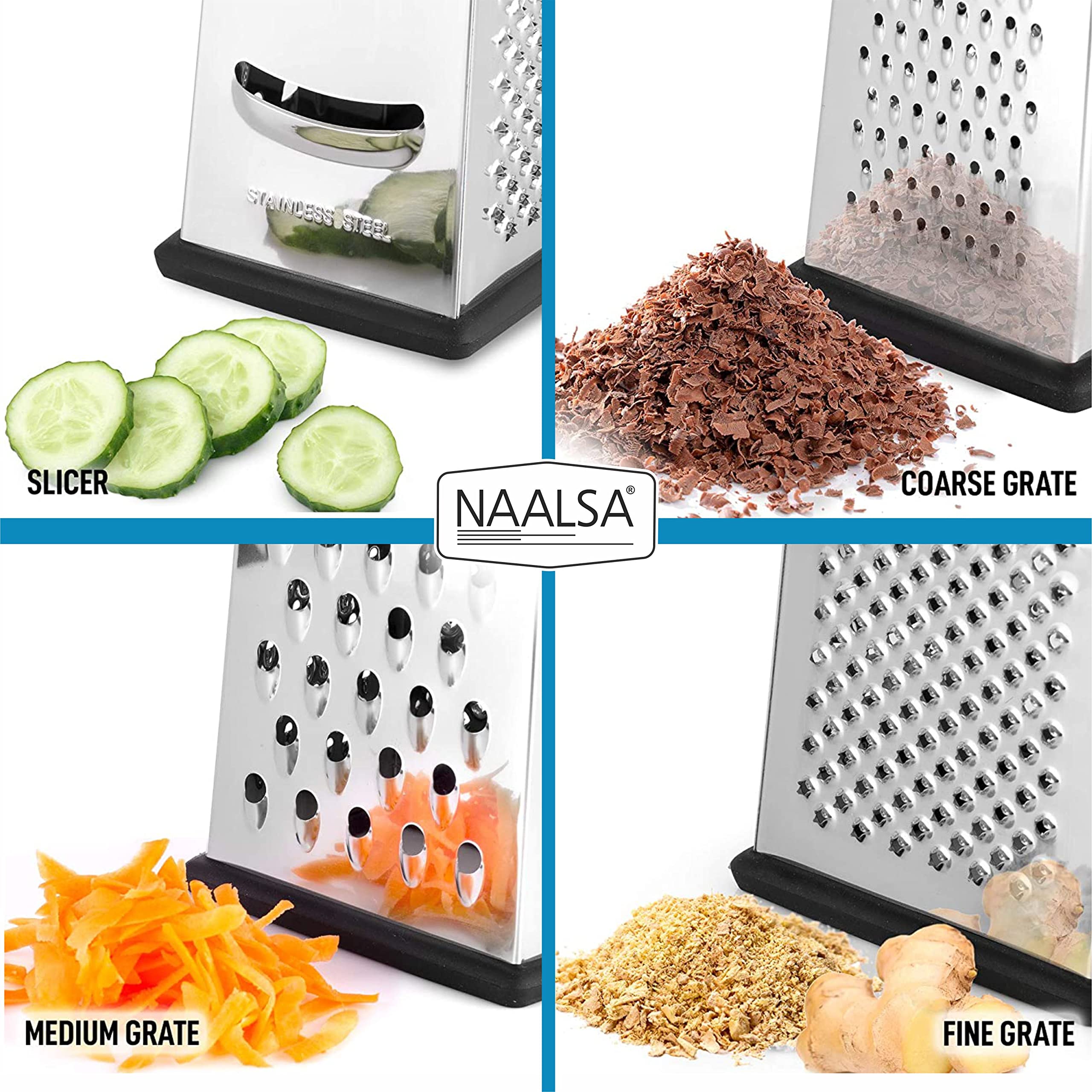 NAALSA - 9 Inch Stainless Steel Professional Multi-Purpose Grater, Vegetable Chopper & Slicer - Perfect for Cheese, Carrots, Cucumbers & More - Ideal for Salads, Meal Prep & Home Cooking