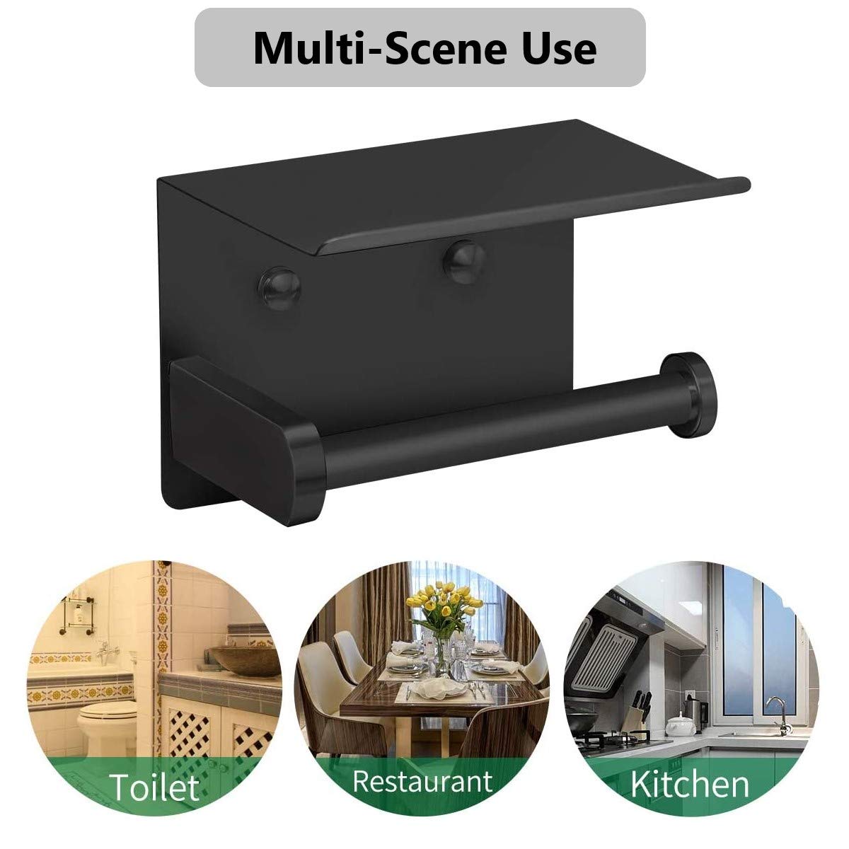 Stainless Steel Toilet Paper Holder with Phone Shelf - Rustproof Wall Mount Bathroom Tissue Roll Stand - SUS 304 Kitchen & Bath Accessory (Black) - Perfect for Modern Homes & Small Space Organization