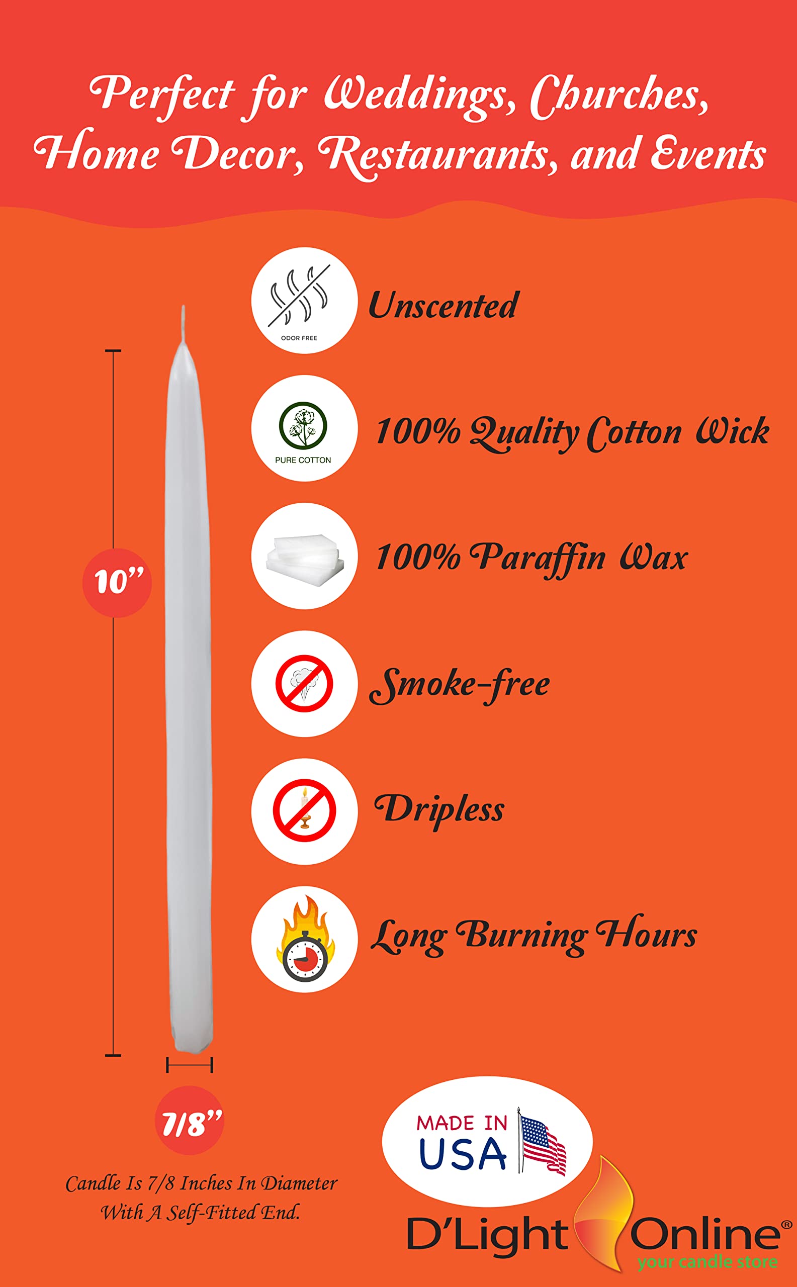 Premium 10 Inch White Taper Candles - Hand-Dipped Dripless & Smokeless Bulk Pack of 12 for Weddings, Dining, Church & Holiday Decorations - Elegant Unscented Candlesticks for Romantic Dinners & Special Events