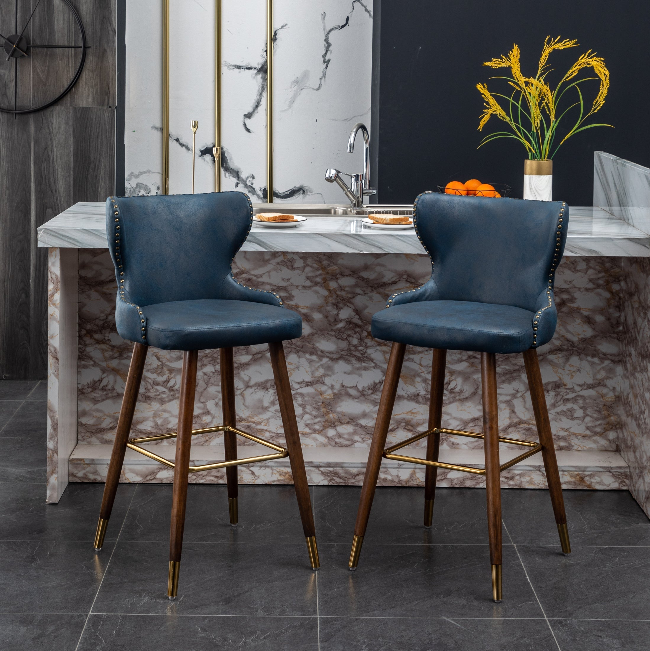 Roundhill Furniture Nevis Mid-Century Modern Faux Leather Tufted Bar Stools with Nailhead Trim - Set of 2 Blue Barstools for Kitchen Island, Breakfast Nook & Home Bar Decor
