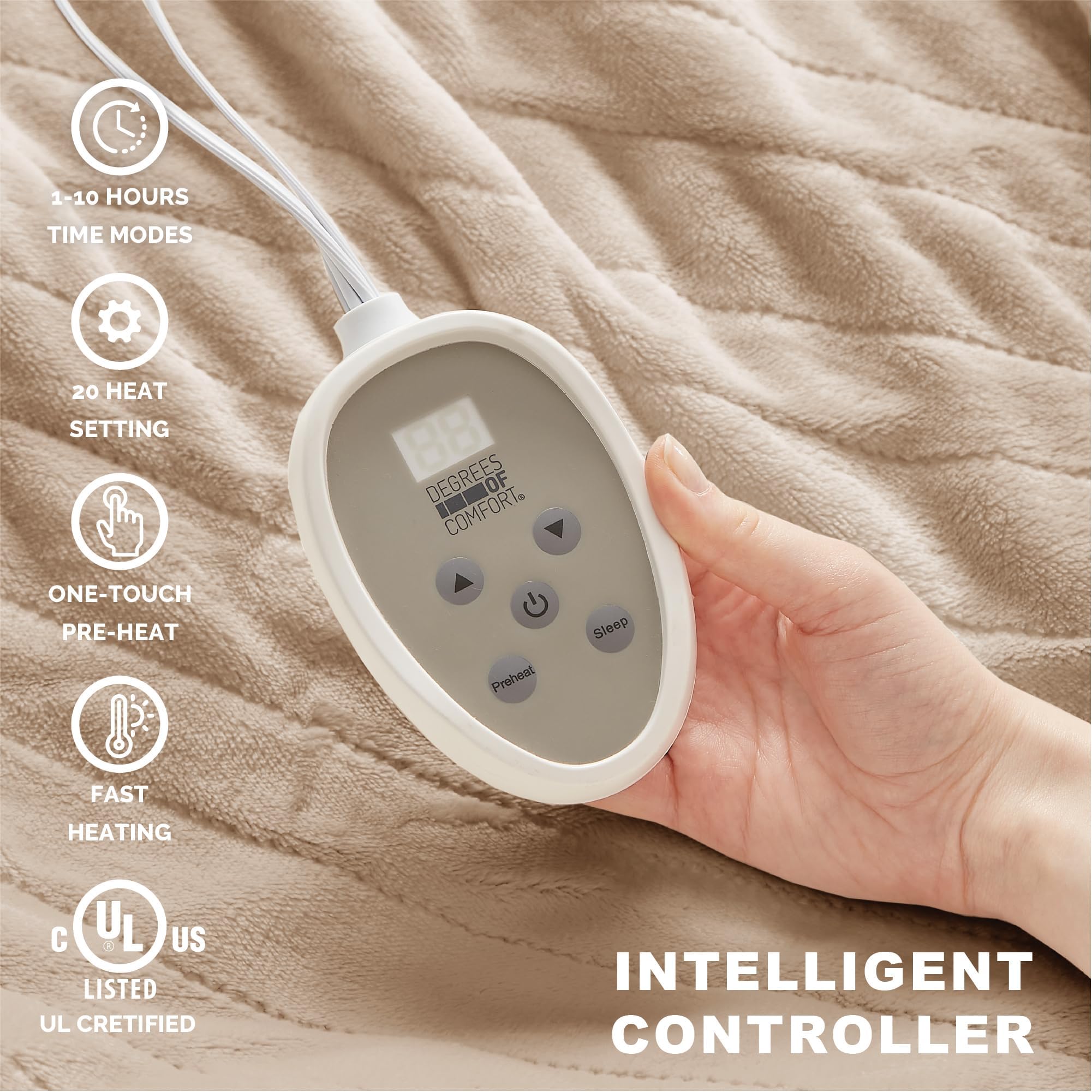 Degrees of Comfort Electric Blanket Queen Size - Dual Control with Auto Shut Off, Microplush Heated Blanket for Bed, Machine Washable, UL Certified - Mocha (84