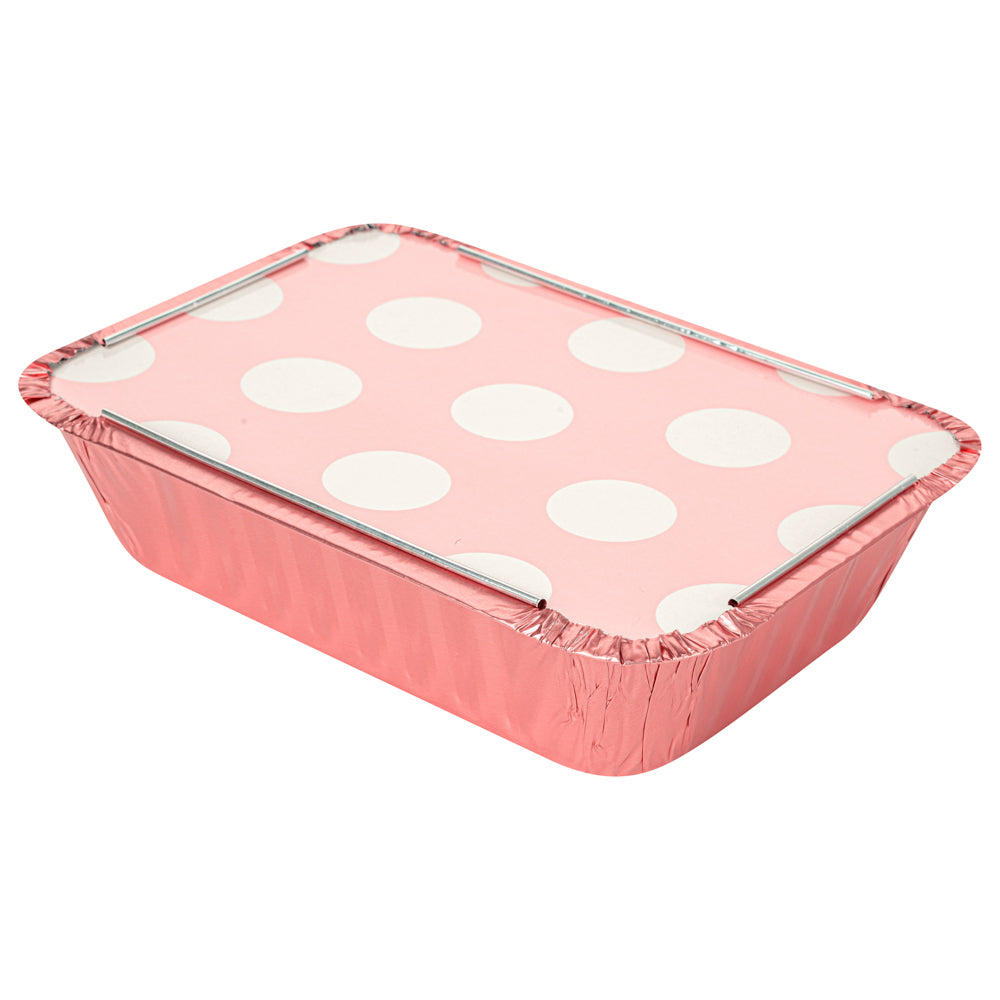 16 oz Pink Aluminum Take Out Containers with Polka Dot Paper Lids - 7.25