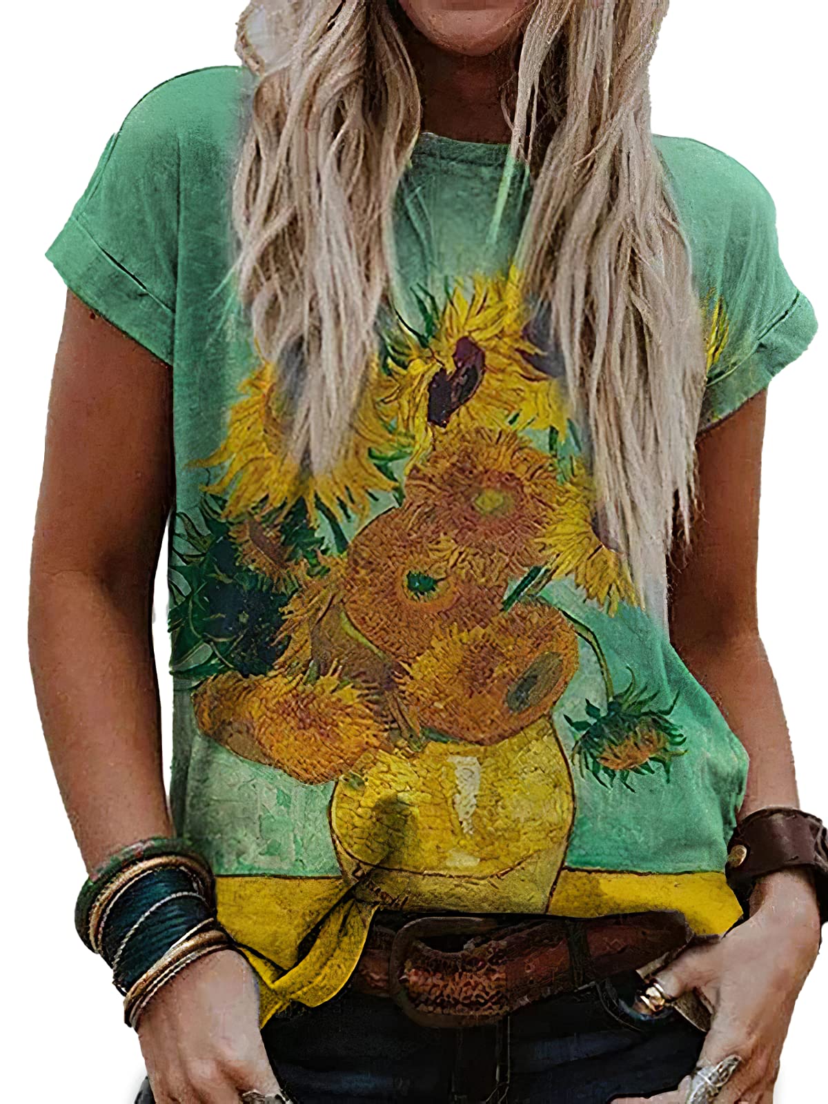 Van Gogh Oil Painting Print Women's Round Neck T-Shirt - Irises & Sunflower Art Top for Women | Casual Wear, Artistic Fashion, Gift for Art Lovers