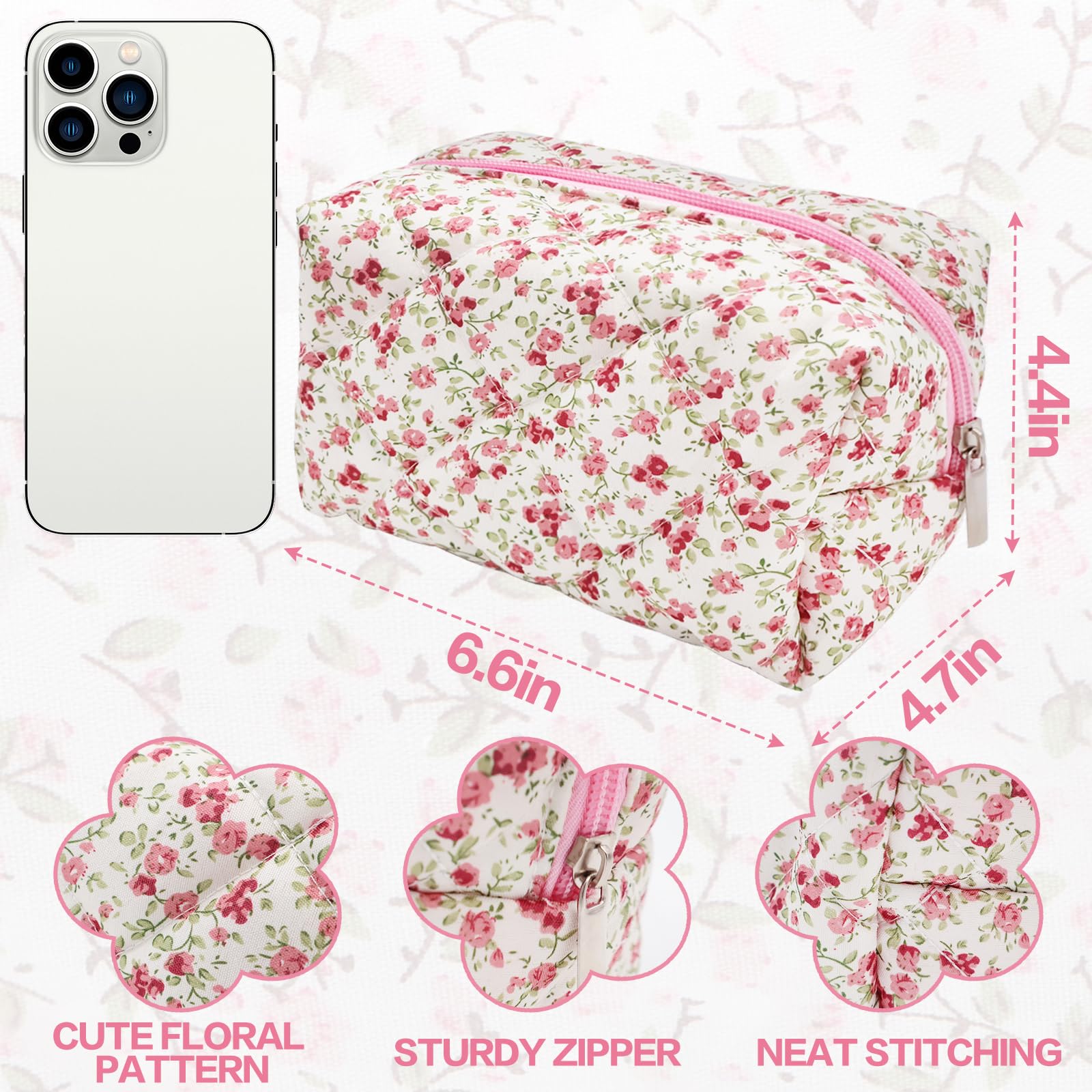 Quilted Cotton Makeup Bag for Women - Floral Cosmetic Pouch, Travel Toiletry Organizer with Zipper, Cute & Portable Storage (Red) | Perfect for Travel, Gym, and Everyday Use