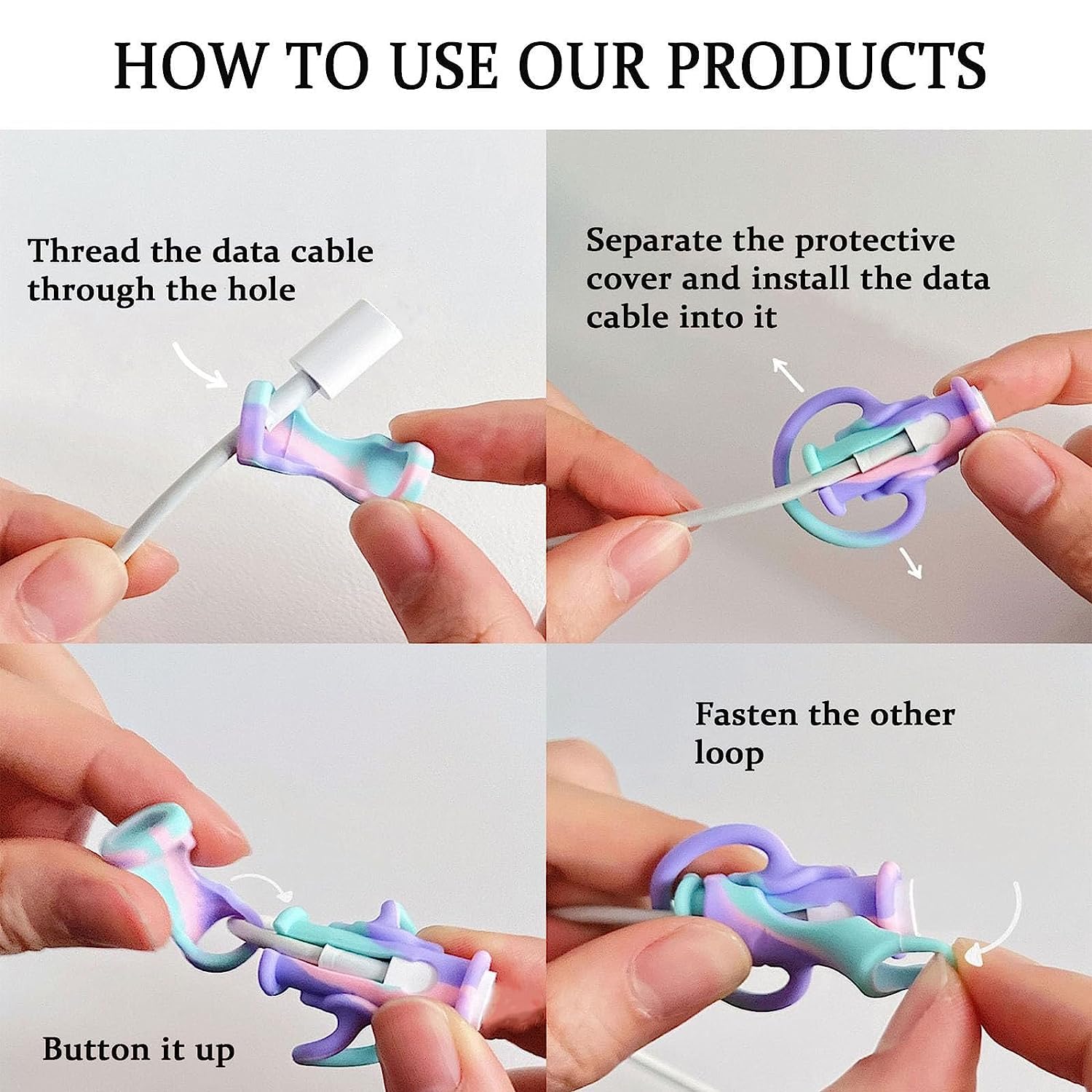 2 in 1 Silicone Data Cable Protector Cover - Cute Charging Cord Winder for iPhone, Android, USB Cables (3 Pack) - Phone Charger Cable Saver for Women, Girls & Kids - Perfect for Home, Office, Travel & School Use