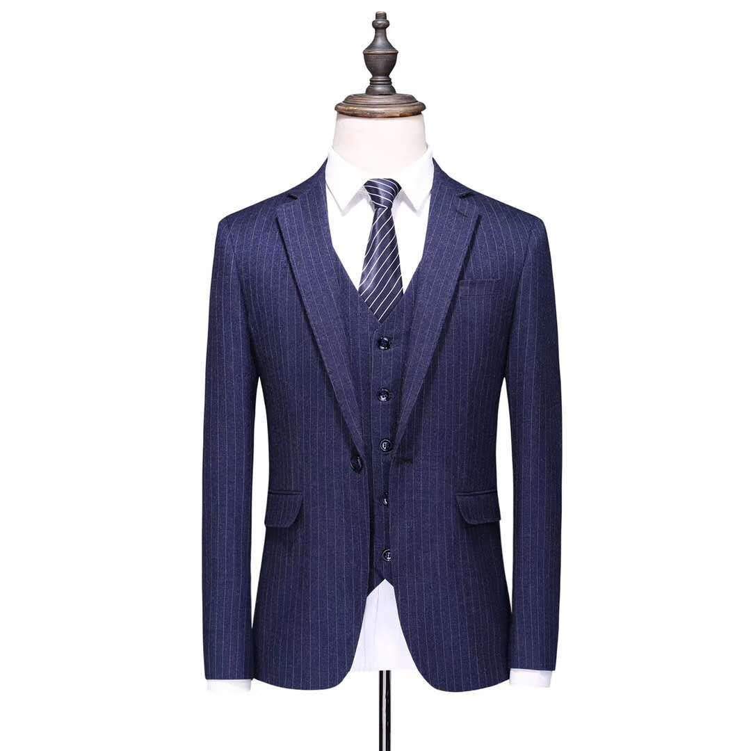 Men's Slim Fit Blue Pinstripe Suit Set - Business Formal Tuxedo Jacket & Vest with Dress Pants | Perfect for Weddings, Office Wear & Special Occasions