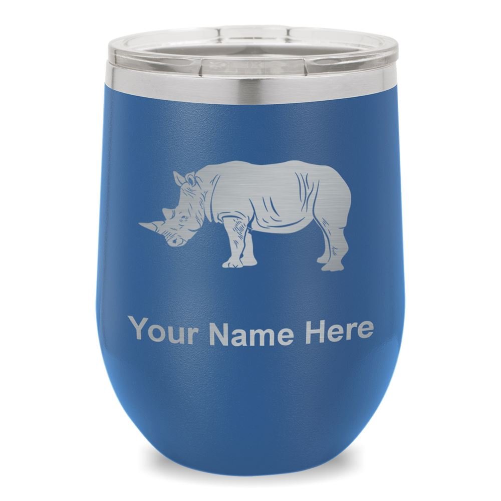 Personalized Engraved Rhinoceros Wine Glass Tumbler - 16oz Stemless Drinking Cup for Wine, Cocktails & Beer - Dark Blue Gift for Wine Lovers, Birthday & Anniversary Celebrations