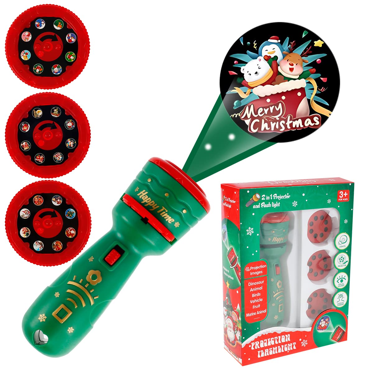 Christmas Flashlight Projector for Kids - 24 Realistic Holiday Patterns, Educational Slide Projector Torch with Reusable Green Light for Early Learning & Fun | Perfect for Bedtime Stories, Room Decor & Holiday Activities