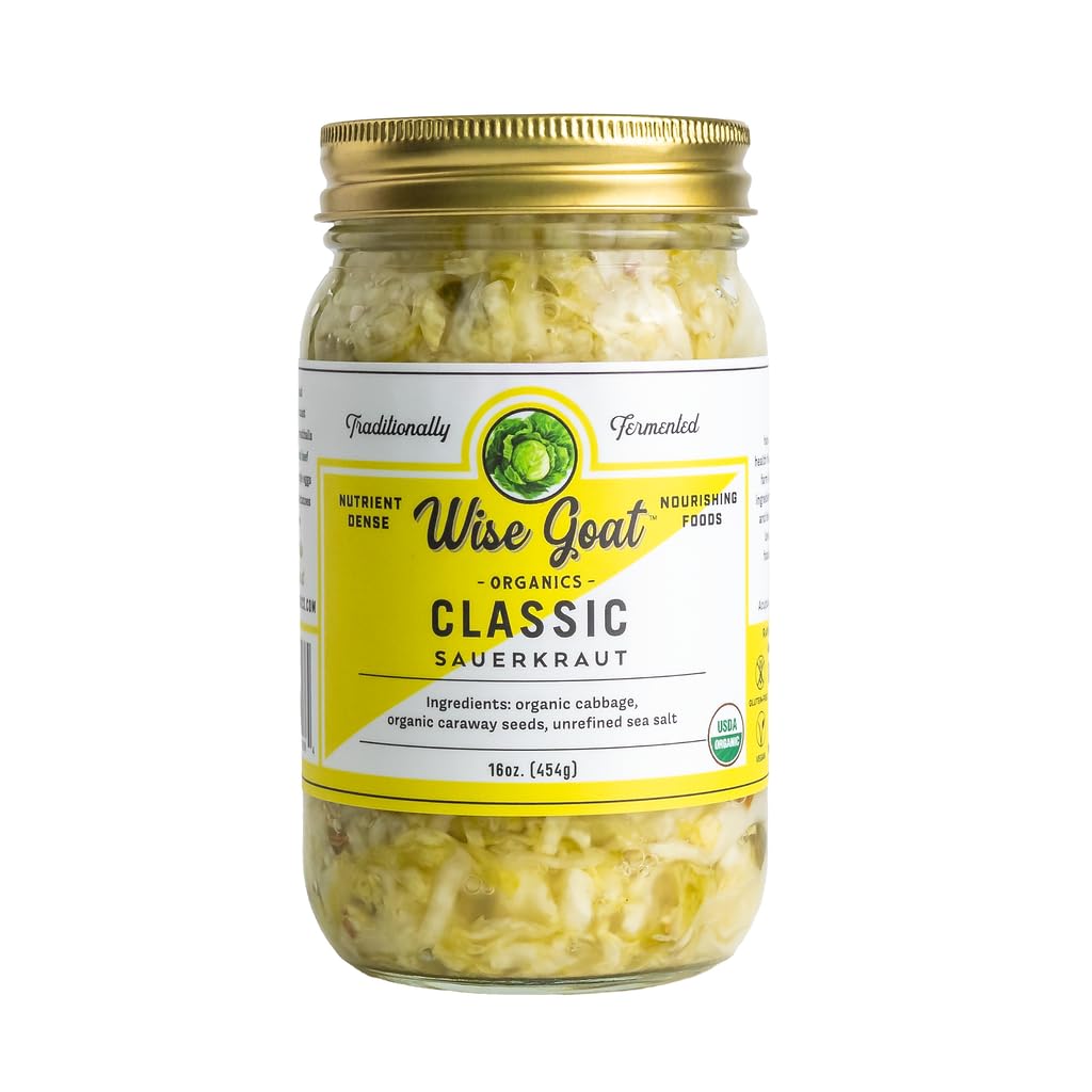 Organic Raw Fermented Probiotic Sauerkraut - Classic Flavor | Vegan, Gluten-Free, Non-GMO, Gut-Healthy | 16oz Glass Jar by Wise Goat Organics | Perfect for Gut Health, Sandwiches & Salads