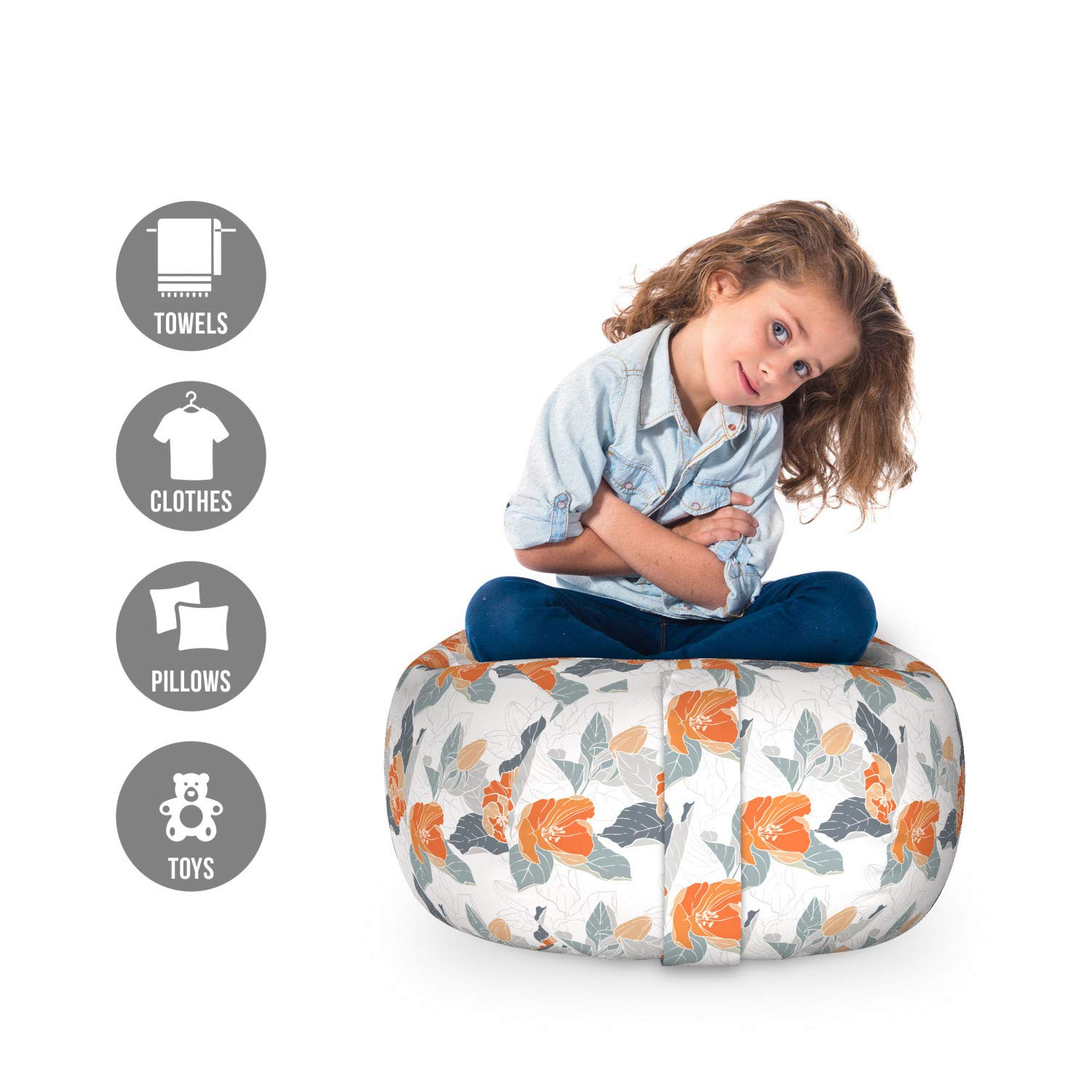 Ambesonne Floral Toy Storage Bag Chair - Victorian Garden Apple Blossom Design, Washable Stuffed Animal Organizer for Kids Room, Small Size in Orange Purple Blue | Perfect for Nursery, Playroom & Bedroom Organization