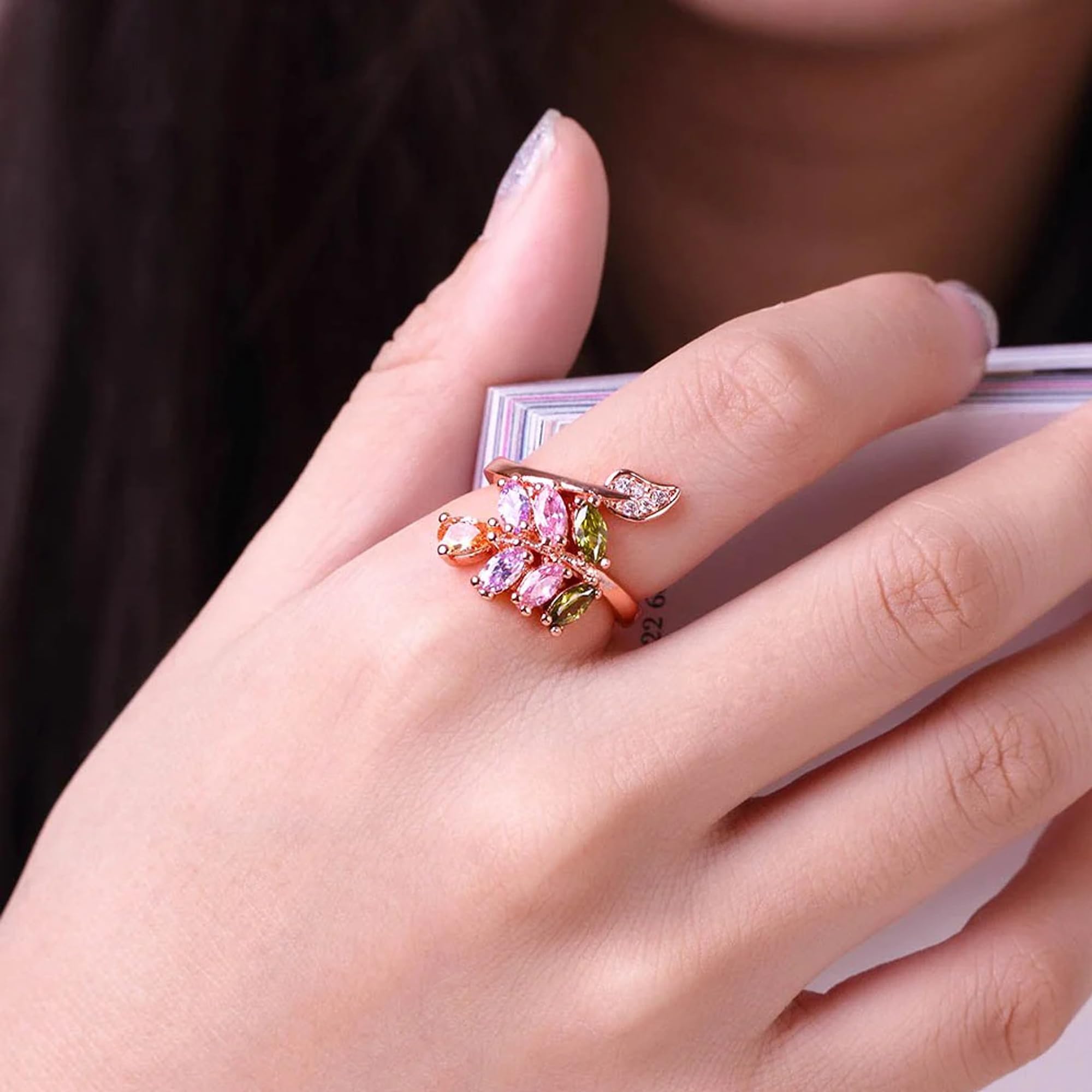 Elegant Rose Gold Plated Cubic Zirconia Adjustable Ring for Women - Fashionable Petal Design Jewelry Gift for Her | Perfect for Date Nights, Anniversaries & Special Occasions