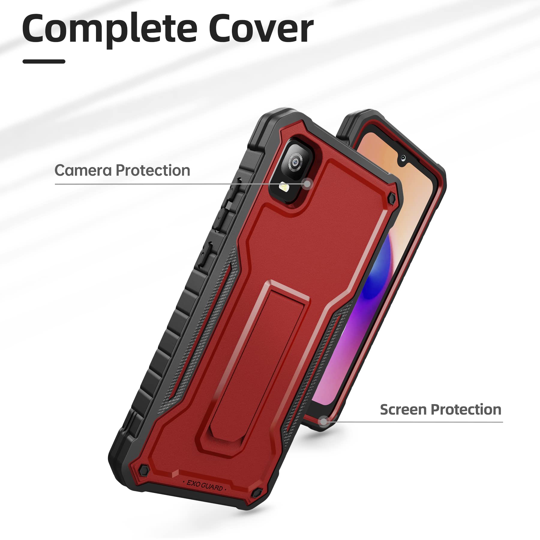 Shockproof Full-Body Case for TCL 30Z & TCL 30 LE with Tempered Glass Screen Protector & Kickstand - Durable Rubber Phone Cover (Red) | Perfect for Outdoor Activities, Work & Daily Protection