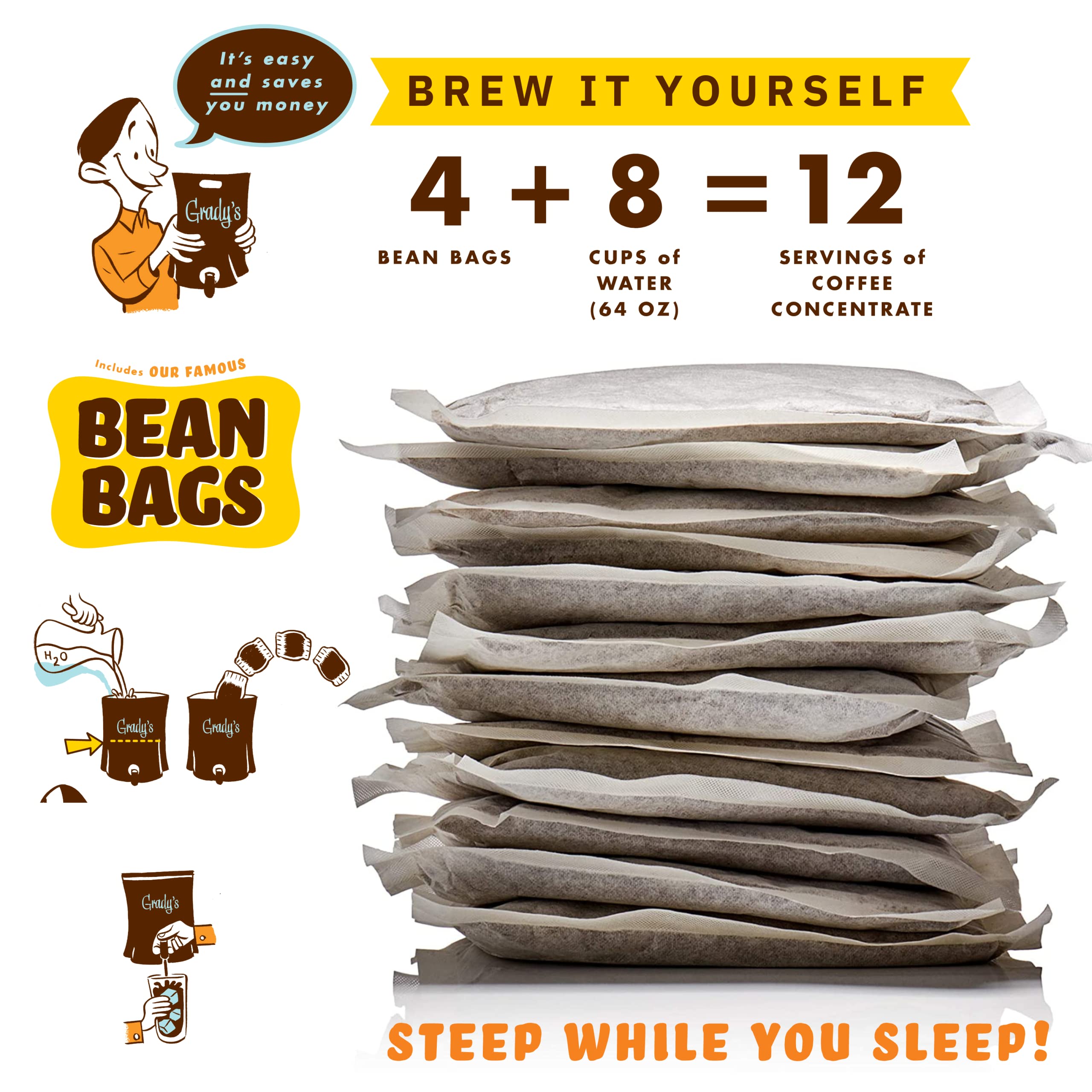 GRADY’S COLD BREW Coffee Pouches - New Orleans Style 100% Arabica Ground Coffee with Chicory | 12 Pack (48 Easy Brew Bags) Makes 144 Iced Coffees | Perfect for Home, Office & Outdoor Adventures | Eco-Friendly Reduced Packaging