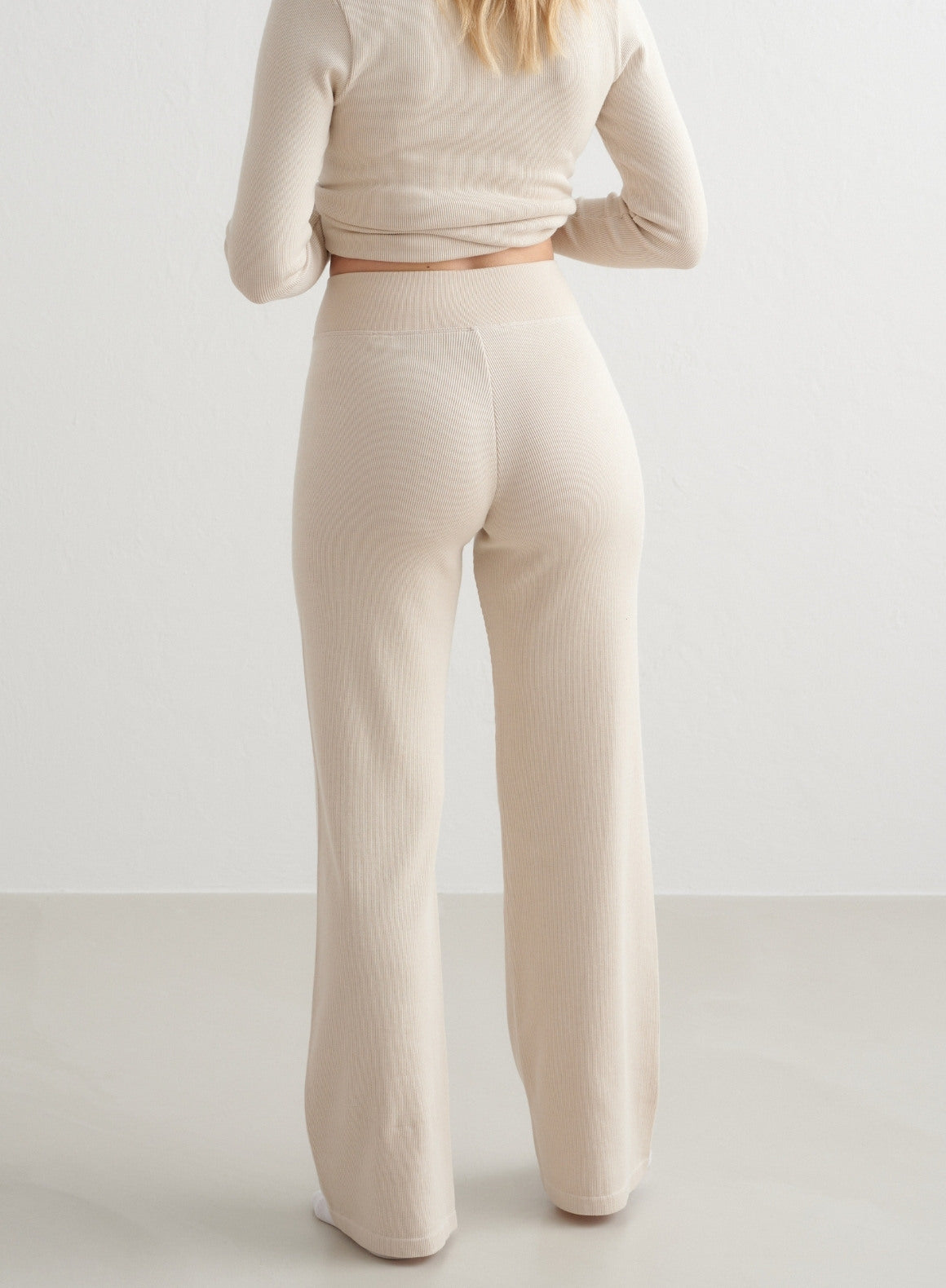 Café Au Lait Ribbed Wool Wide Leg Pants for Women - Cozy Winter Lounge Pants, Office Work Pants & Casual Outfit