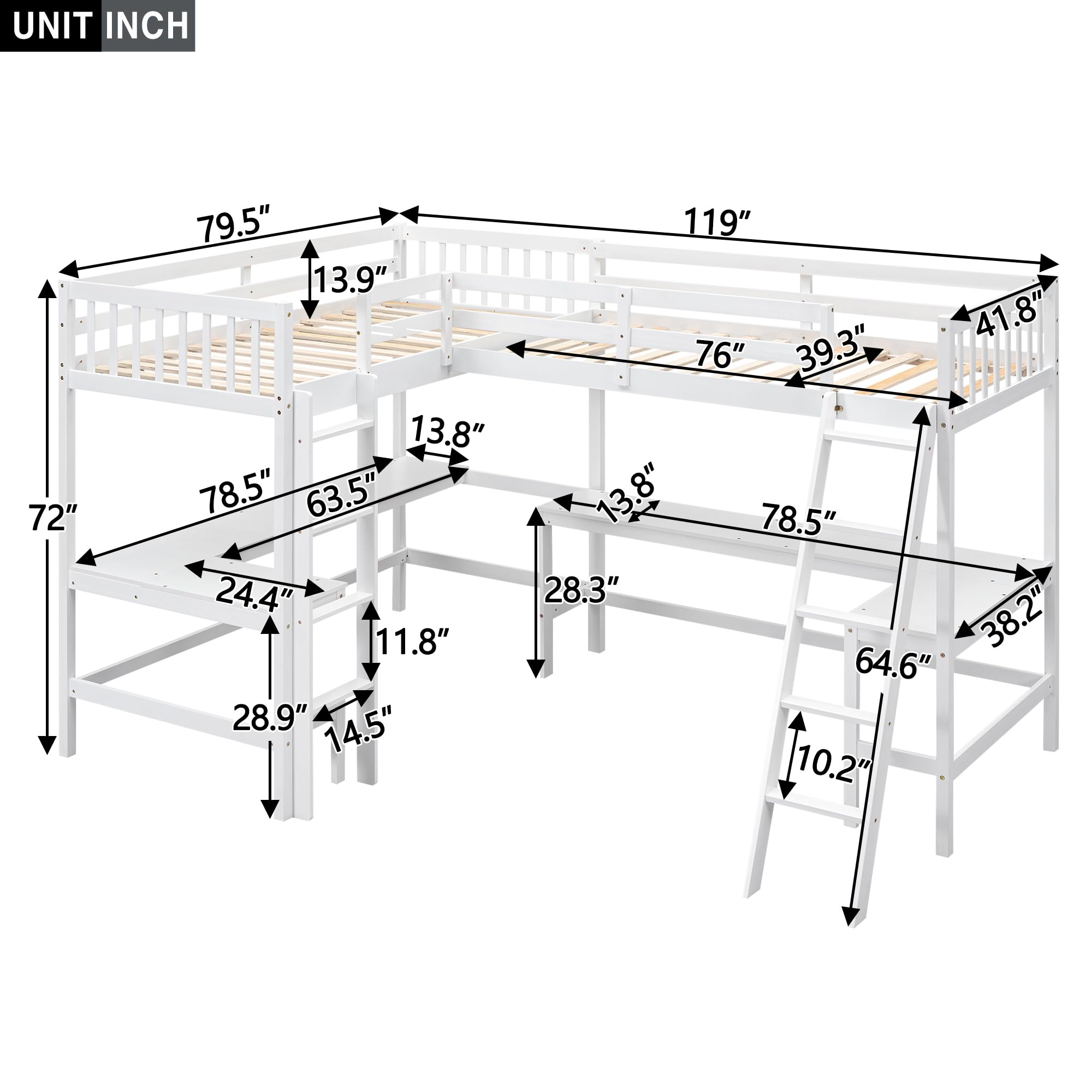 Merax White Wood Twin Size L-Shaped Loft Bed with Ladder & 2 Built-in Desks - Space Saving Bunk Bed for Kids & Teens - Perfect for Small Bedrooms, Dorms & Studio Apartments